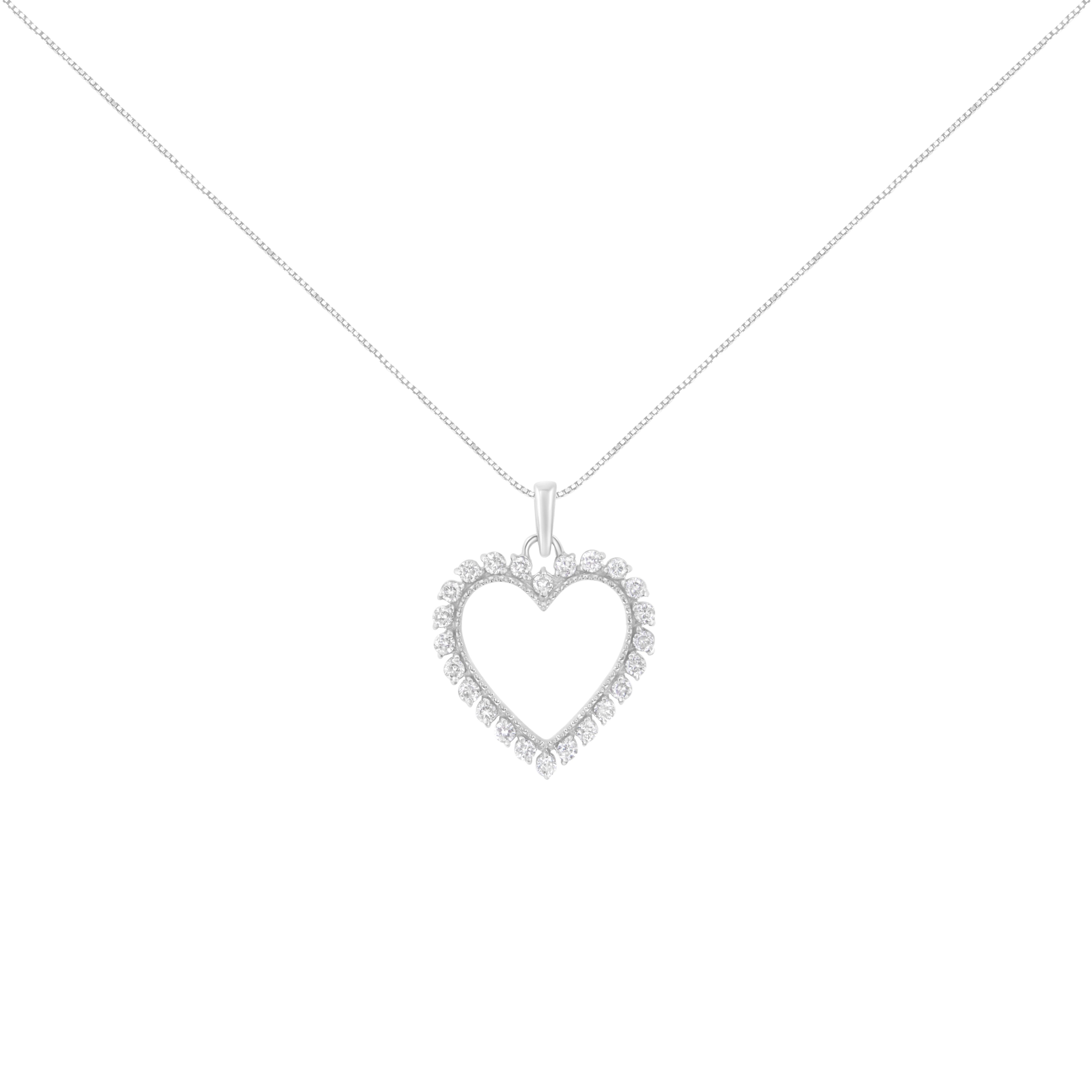This open heart pendant is a shining symbol of love. Fashioned in cool sterling silver, this pendant showcases 1/2ct TDW of diamonds. 24 glistening round cut diamonds in prong setting sit along the outside edge of this heart design. The pendant