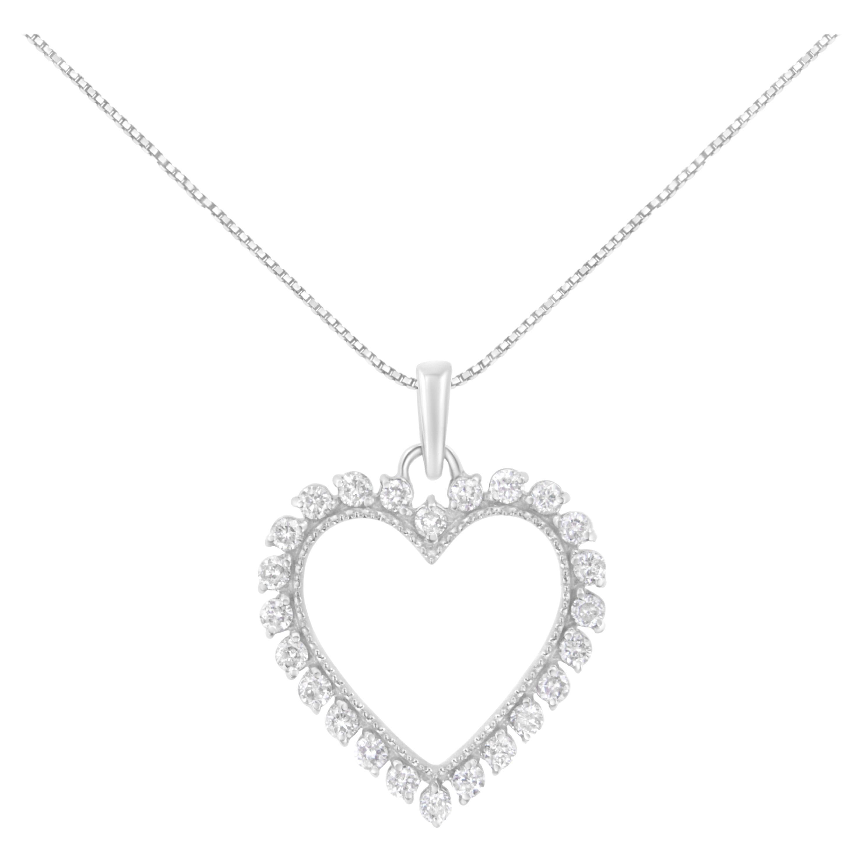 .925 Sterling Silver 1/2 Carat Diamond Encrusted Open Heart Pendant Necklace For Sale