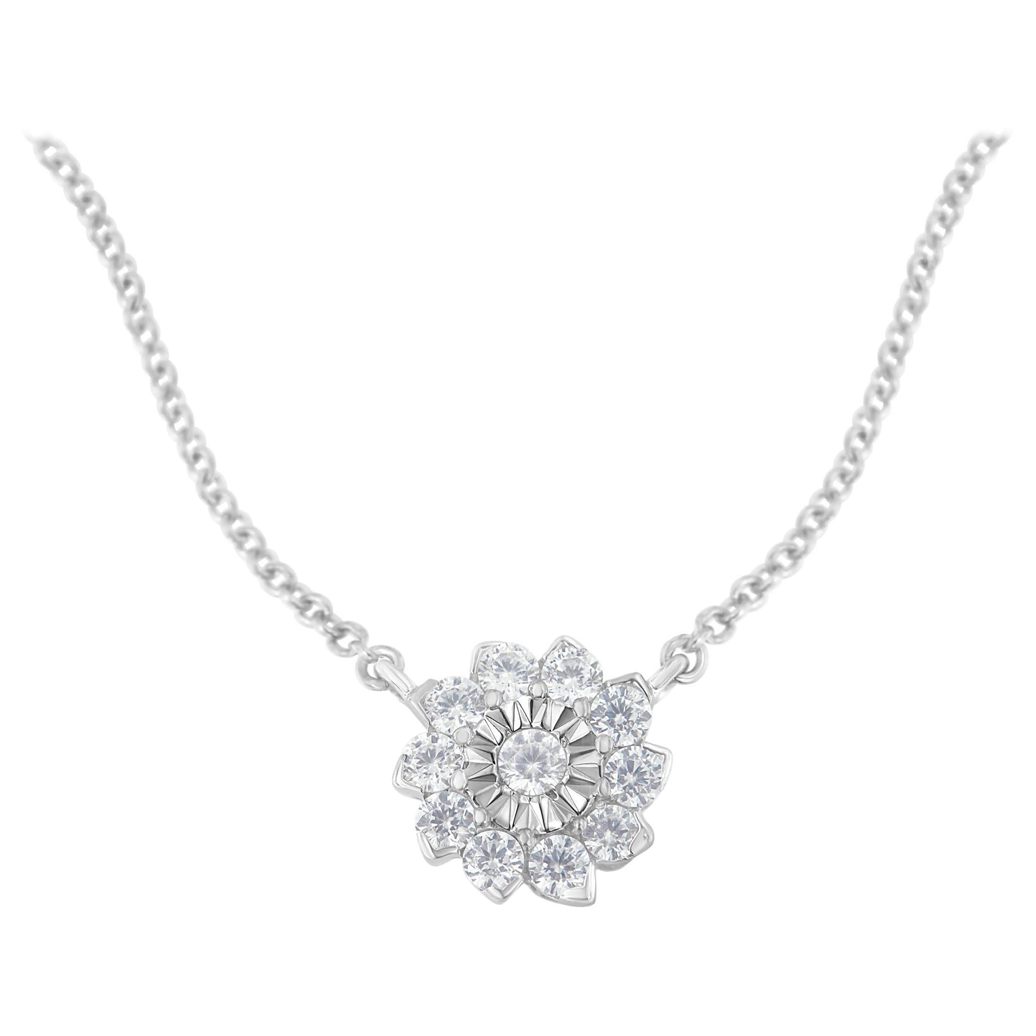 .925 Sterling Silver 1/2 Carat Diamond Flower Cluster Pendant Necklace For Sale