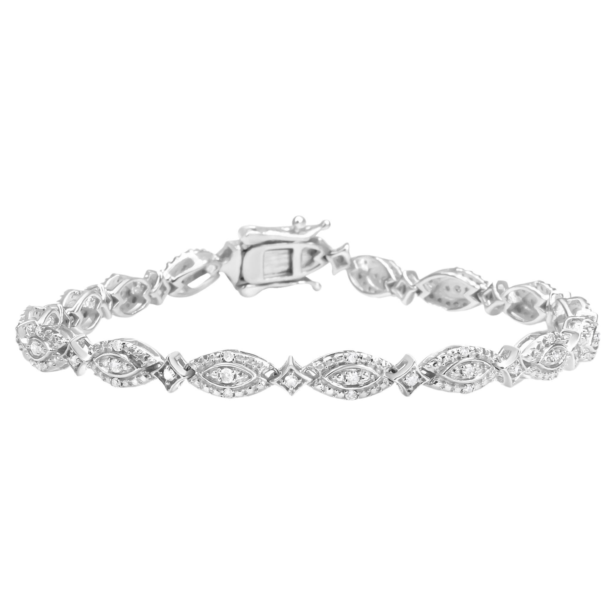 .925 Sterling Silver 1/2 Carat Diamond Marquise & Starburst Shaped Link Bracelet For Sale