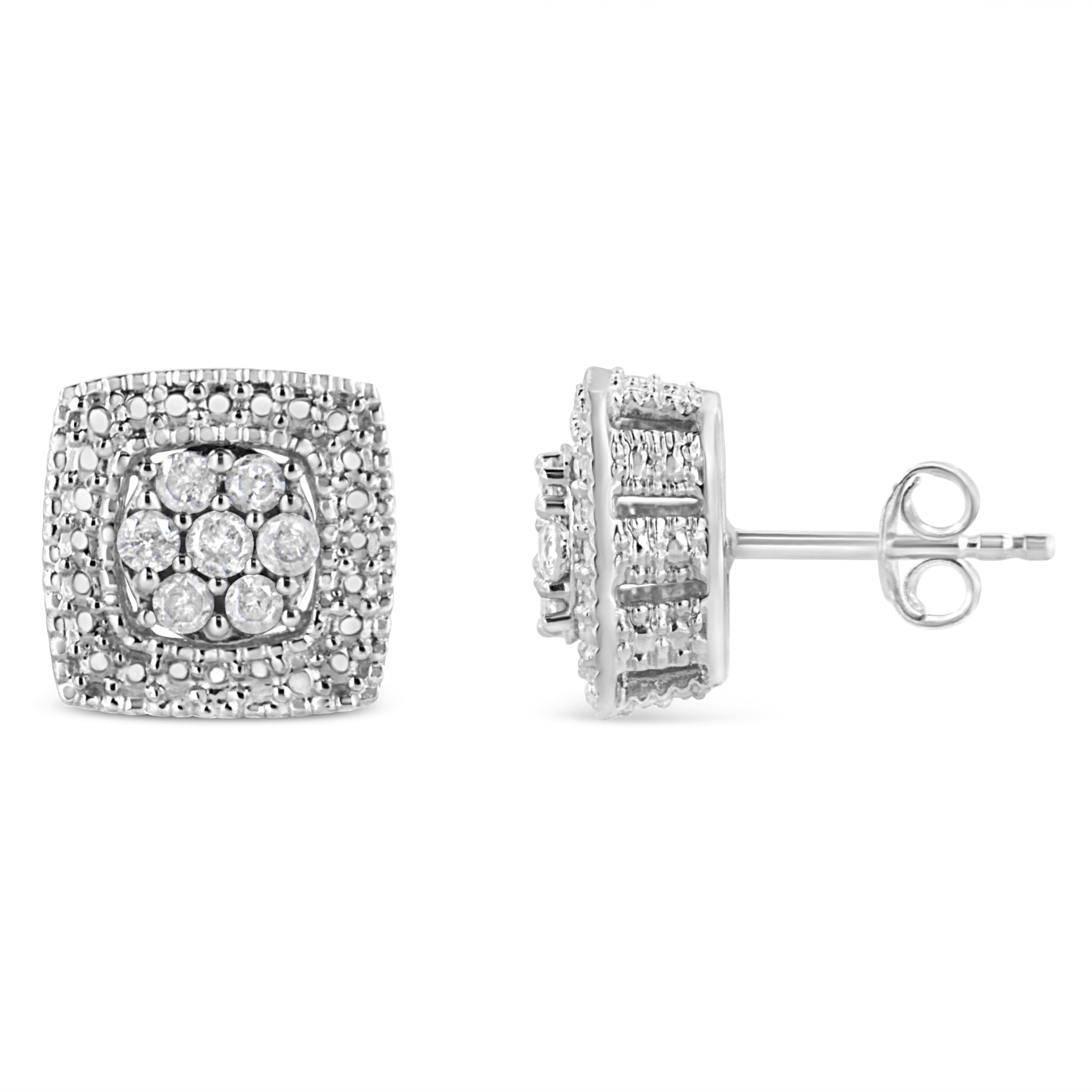 Treat yourself to these elaborate .925 sterling silver miligrain studs. The outer layer of these square earrings are set with silver beads that outline a center design set with 7 sparkling, round-cut diamonds. These gorgeous studs have a total