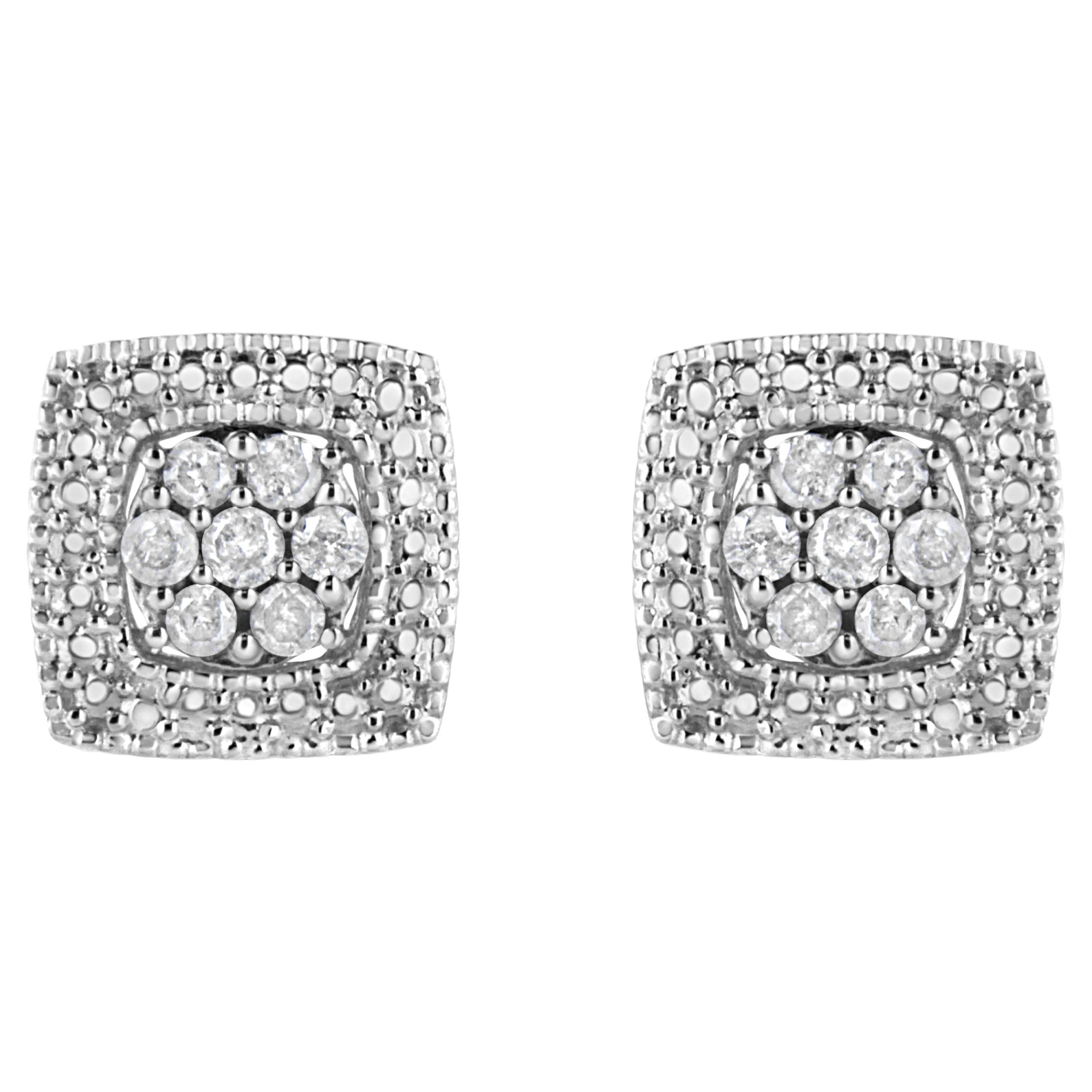 .925 Sterling Silver 1/2 Carat Diamond Miligrain Square Shape Stud Earrings For Sale