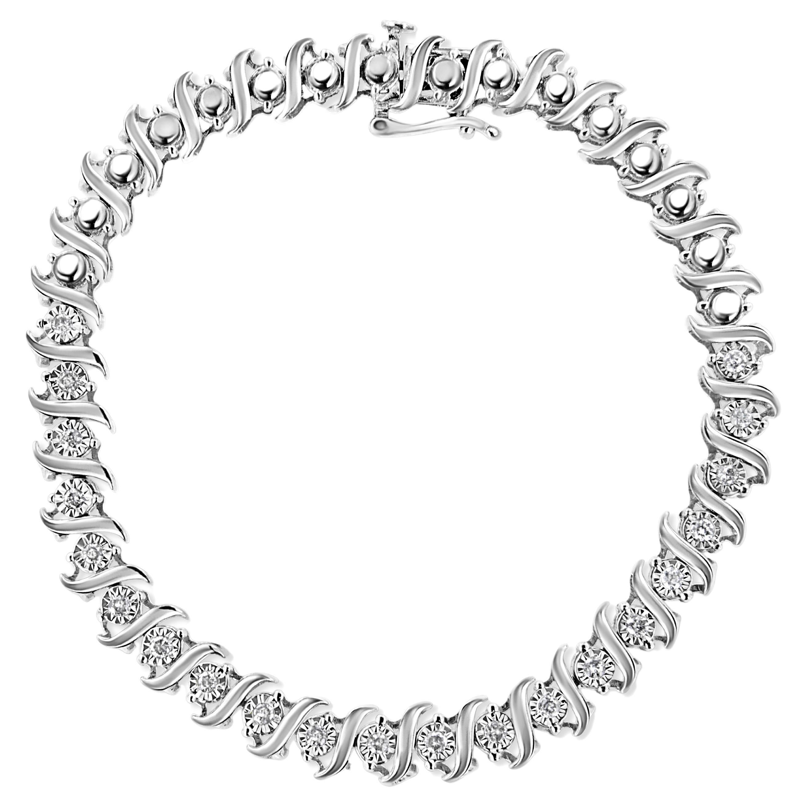 .925 Sterling Silver 1/2 Carat Diamond Miracle Set "S" Link Tennis Bracelet For Sale