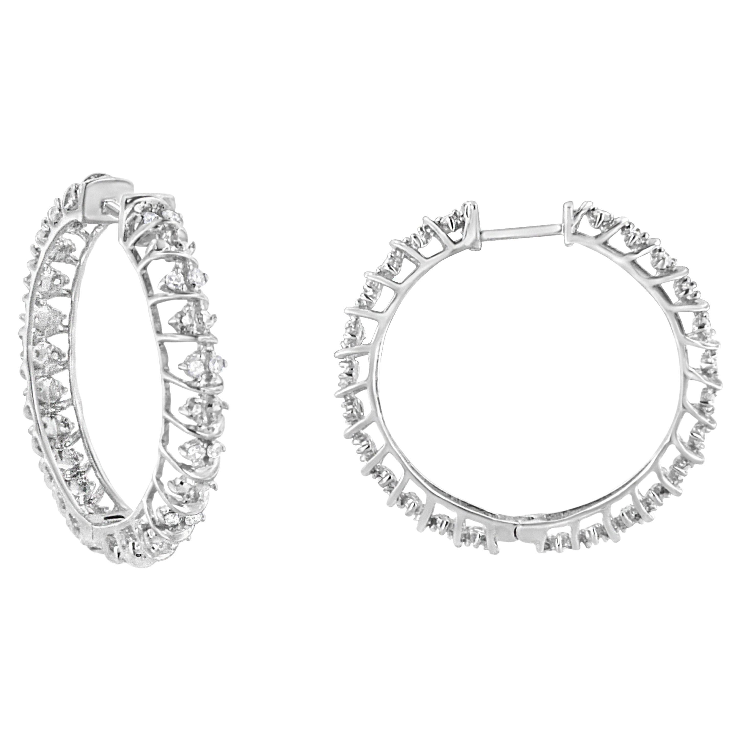 .925 Sterling Silver 1/2 Carat Diamond Wire Cage Style Hoop Earring For Sale