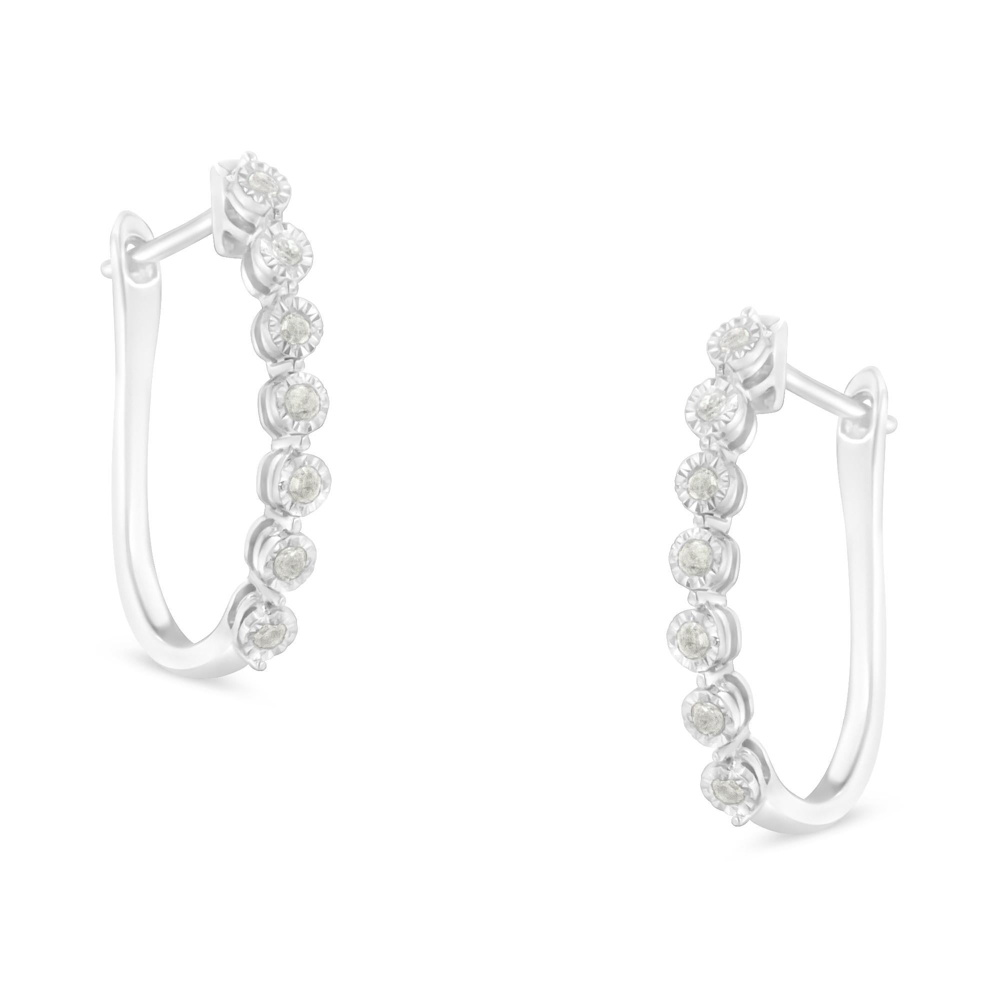Contemporary .925 Sterling Silver 1/2 Carat Miracle-Set Diamond 7 Stone Hoop Earrings For Sale