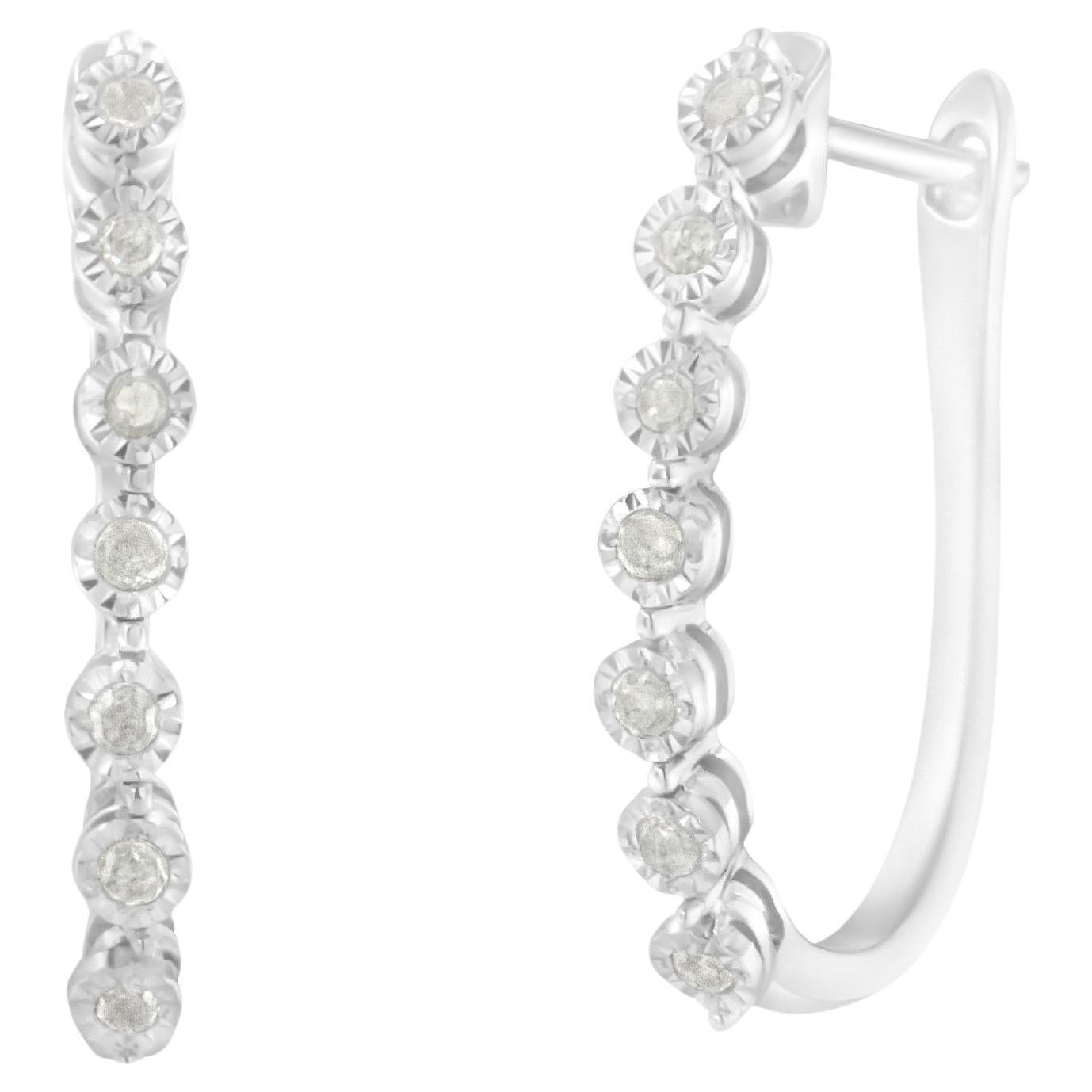 .925 Sterling Silver 1/2 Carat Miracle-Set Diamond 7 Stone Hoop Earrings For Sale