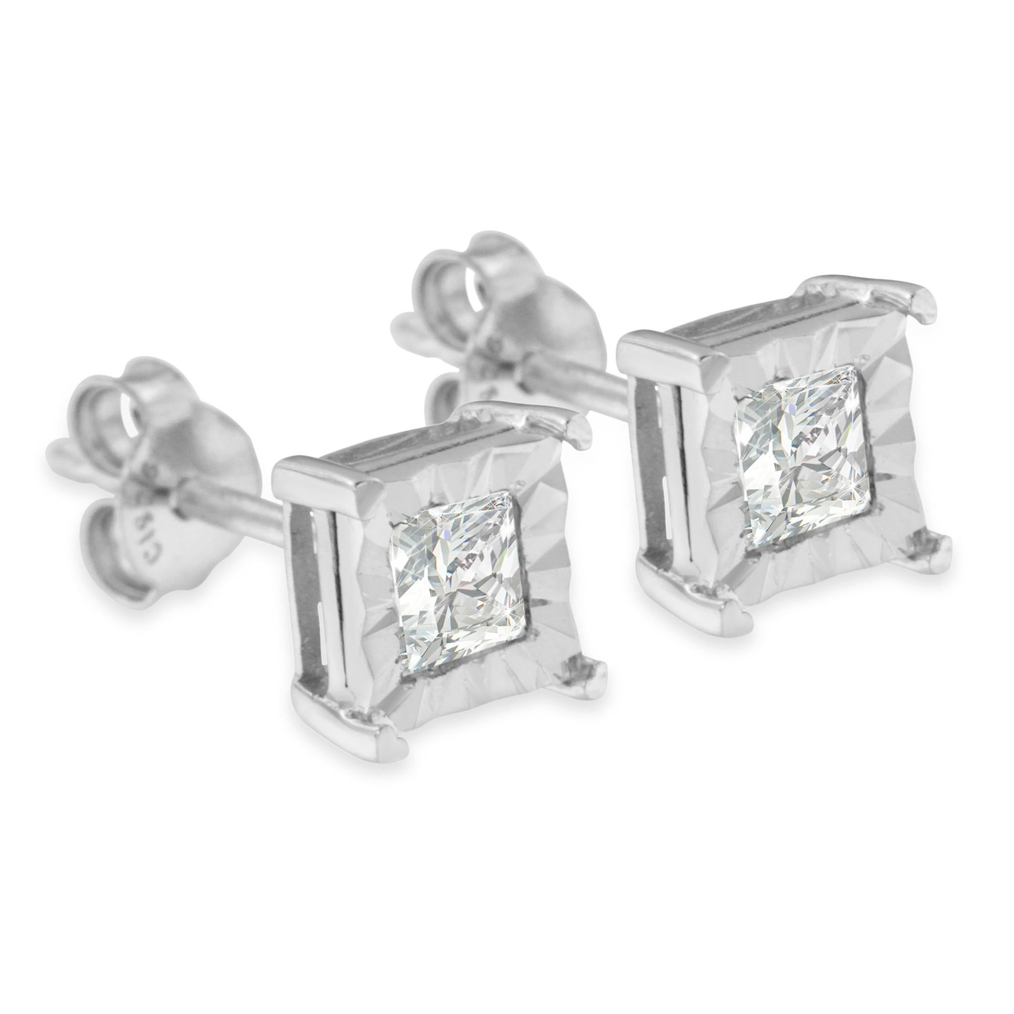 .925 Sterling Silver 1/2 Carat Miracle Set Diamond Solitaire Stud Earrings In New Condition For Sale In New York, NY