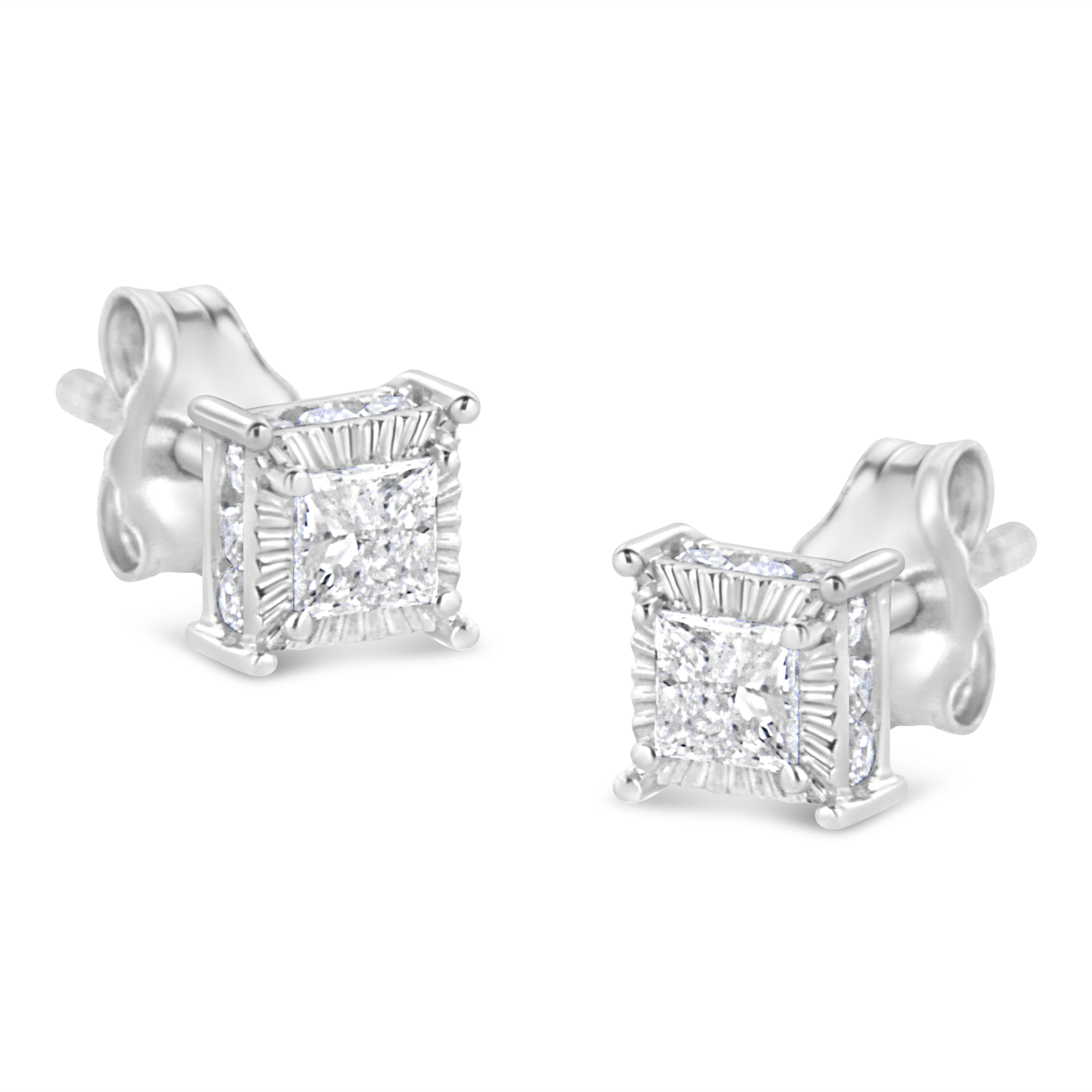 Dazzle with these unique miracle set diamond studs. This authentic design is crafted of real 92.5% sterling silver that has been electro-coated with genuine rhodium (a platinum-family metal), a precious metal that will keep a tarnish-free shine for