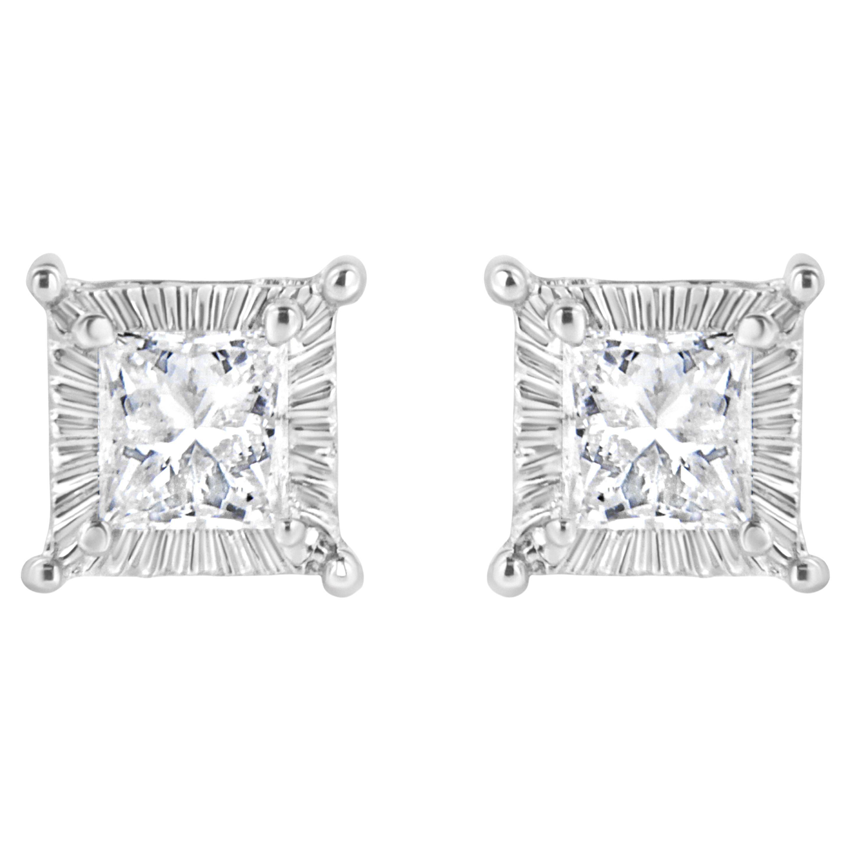 .925 Sterling Silver 1/2 Carat Princess-Cut Diamond Stud Earrings For Sale