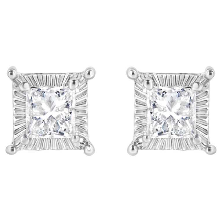 .925 Sterling Silver 1/2 Carat PrincessCut Diamond Stud Earrings For