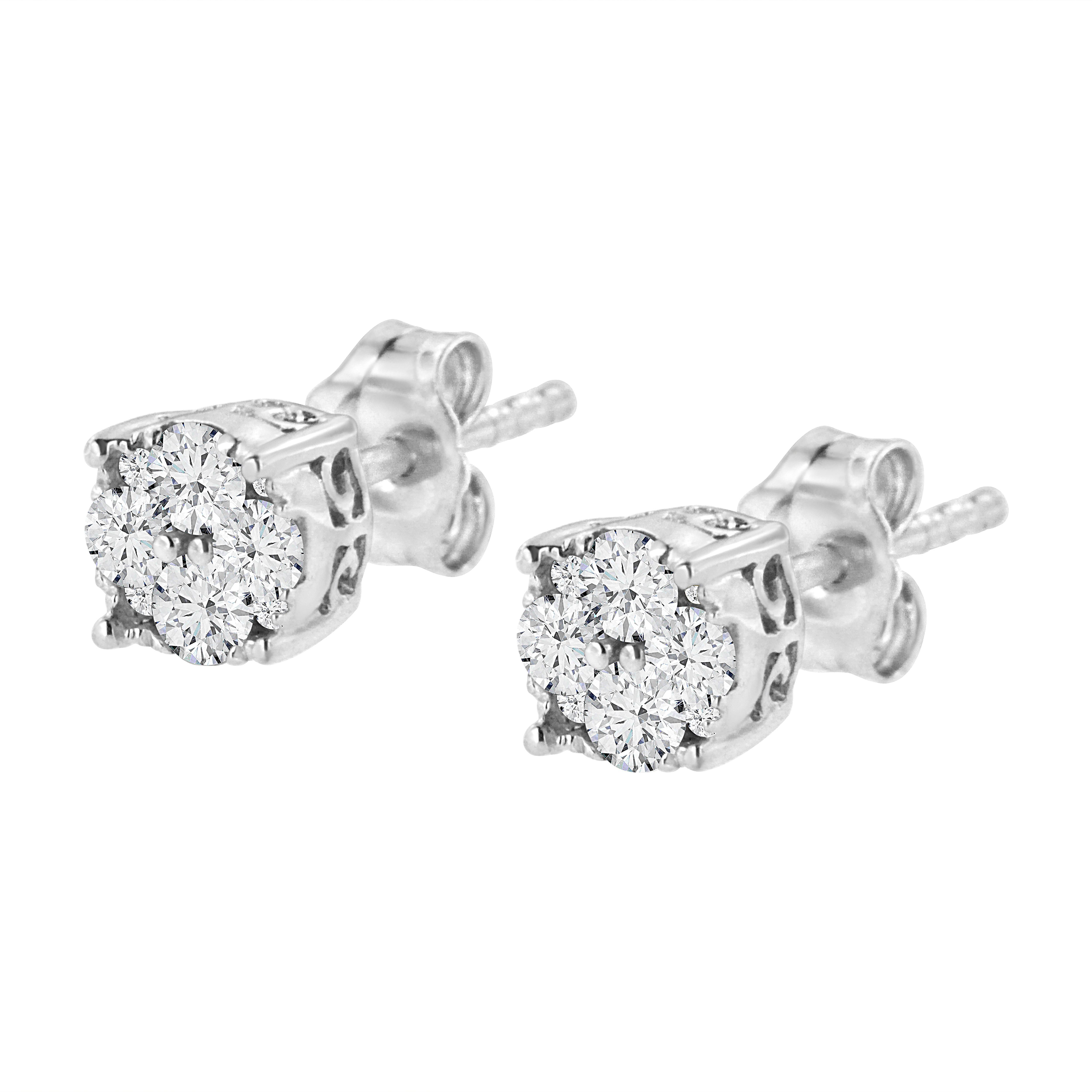 .925 Sterling Silver 1/2 Carat Prong Set Round-Cut Diamond Cluster Stud Earrings In New Condition For Sale In New York, NY