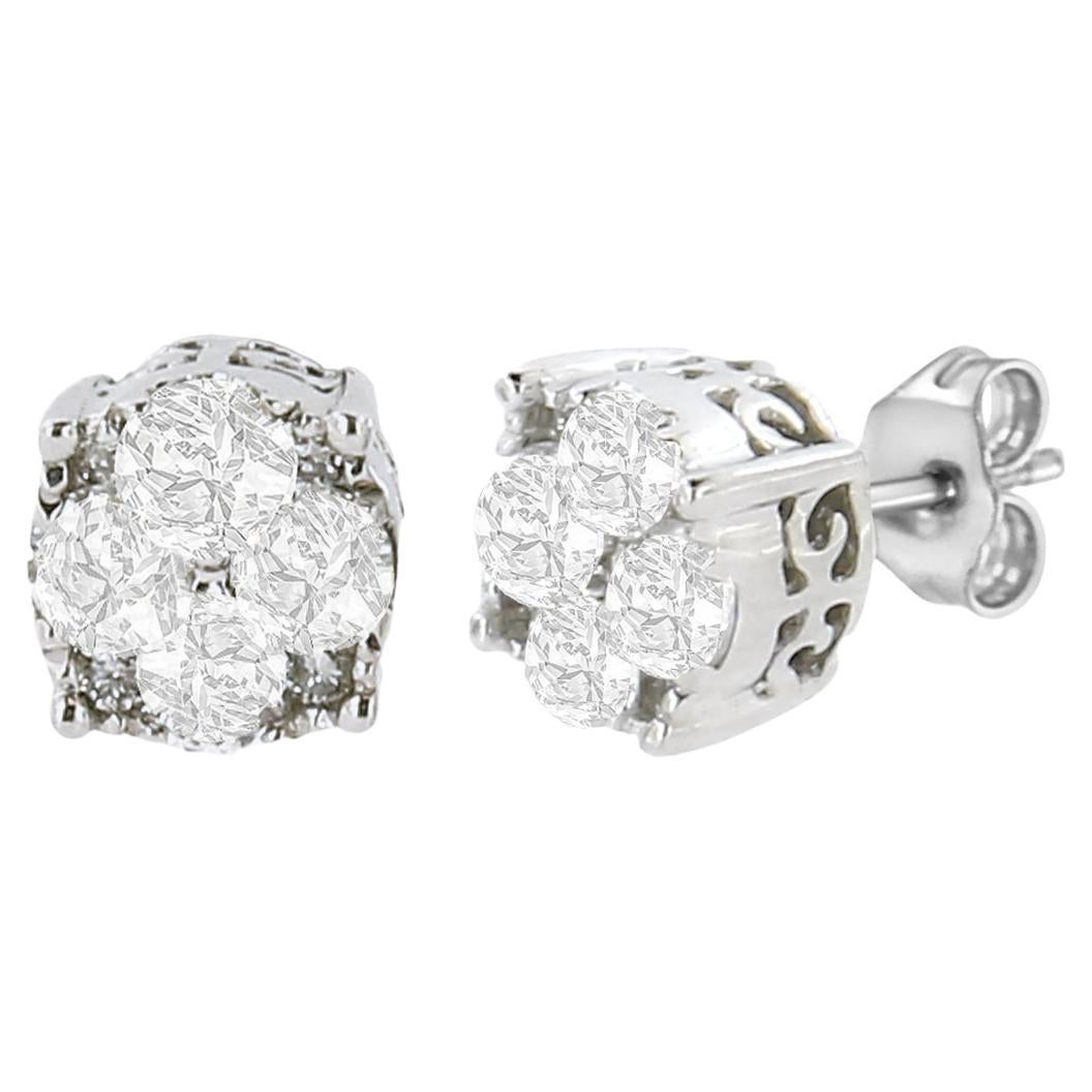 .925 Sterling Silver 1/2 Carat Prong Set Round-Cut Diamond Cluster Stud Earrings For Sale