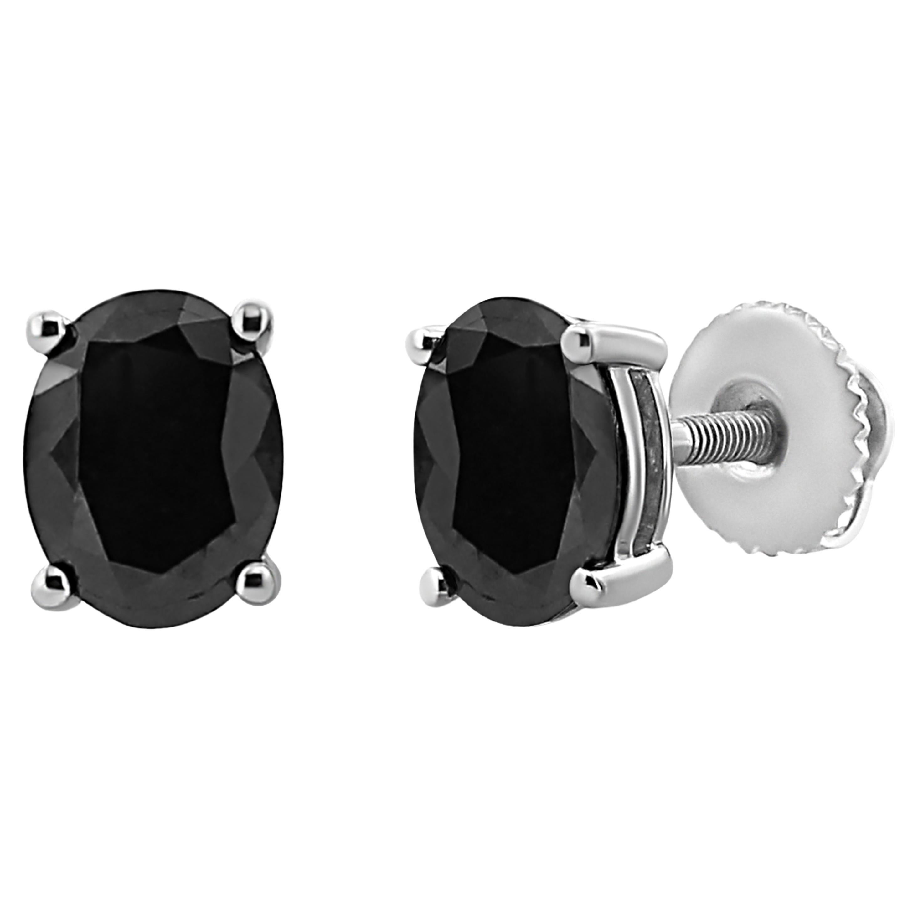 .925 Sterling Silver 1/2 Carat Prong Set Treated Black Oval Diamond Stud Earring For Sale