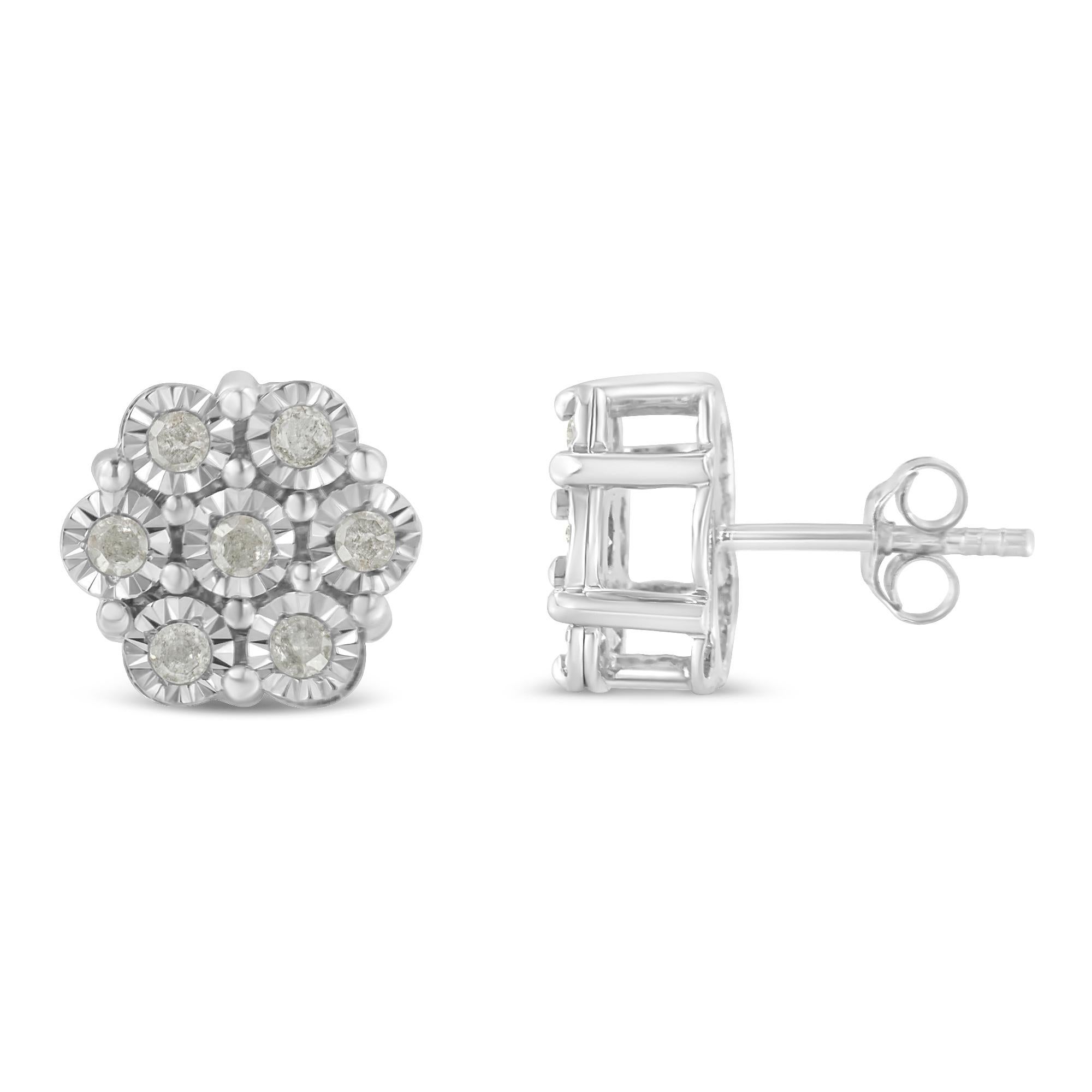 These flower stud earrings are embellished with diamonds in a miracle setting to make up a classic and elegant look. These beautiful stud earrings are made up of 14 rose-cut promo quality diamonds, which are the lowest on the diamond color and