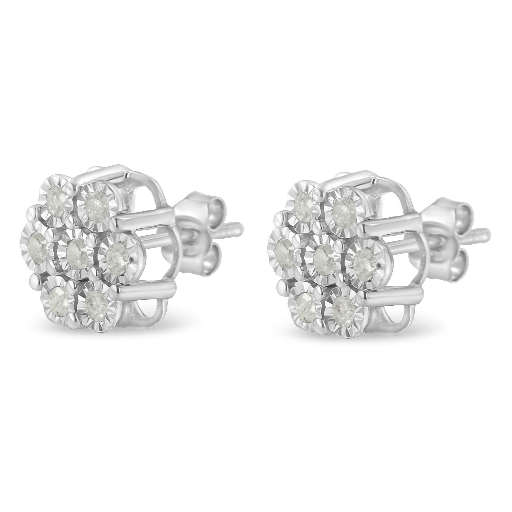 Contemporary .925 Sterling Silver 1/2 Carat Rose-Cut Diamond Floral Cluster Stud Earring