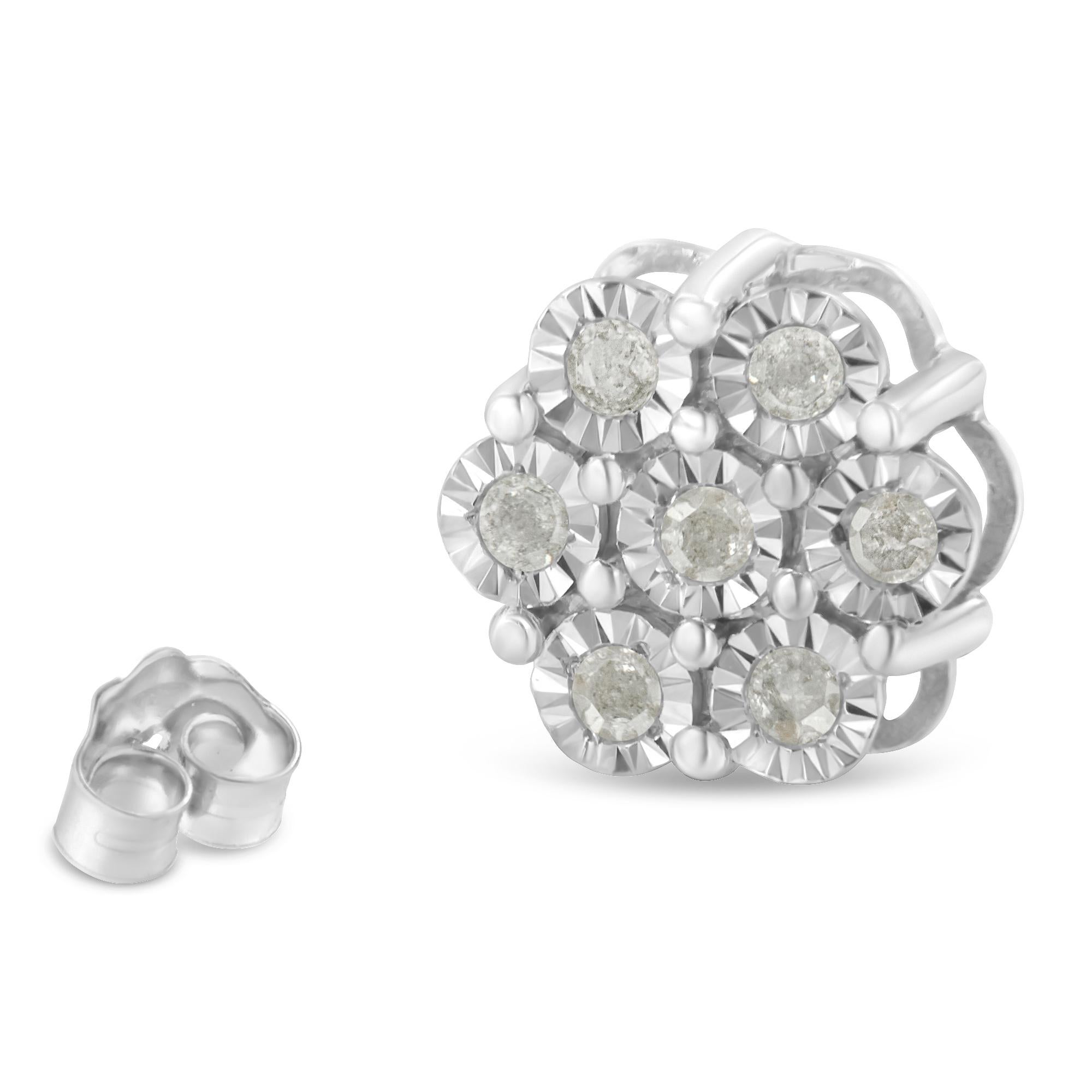 .925 Sterling Silver 1/2 Carat Rose-Cut Diamond Floral Cluster Stud Earring In New Condition In New York, NY