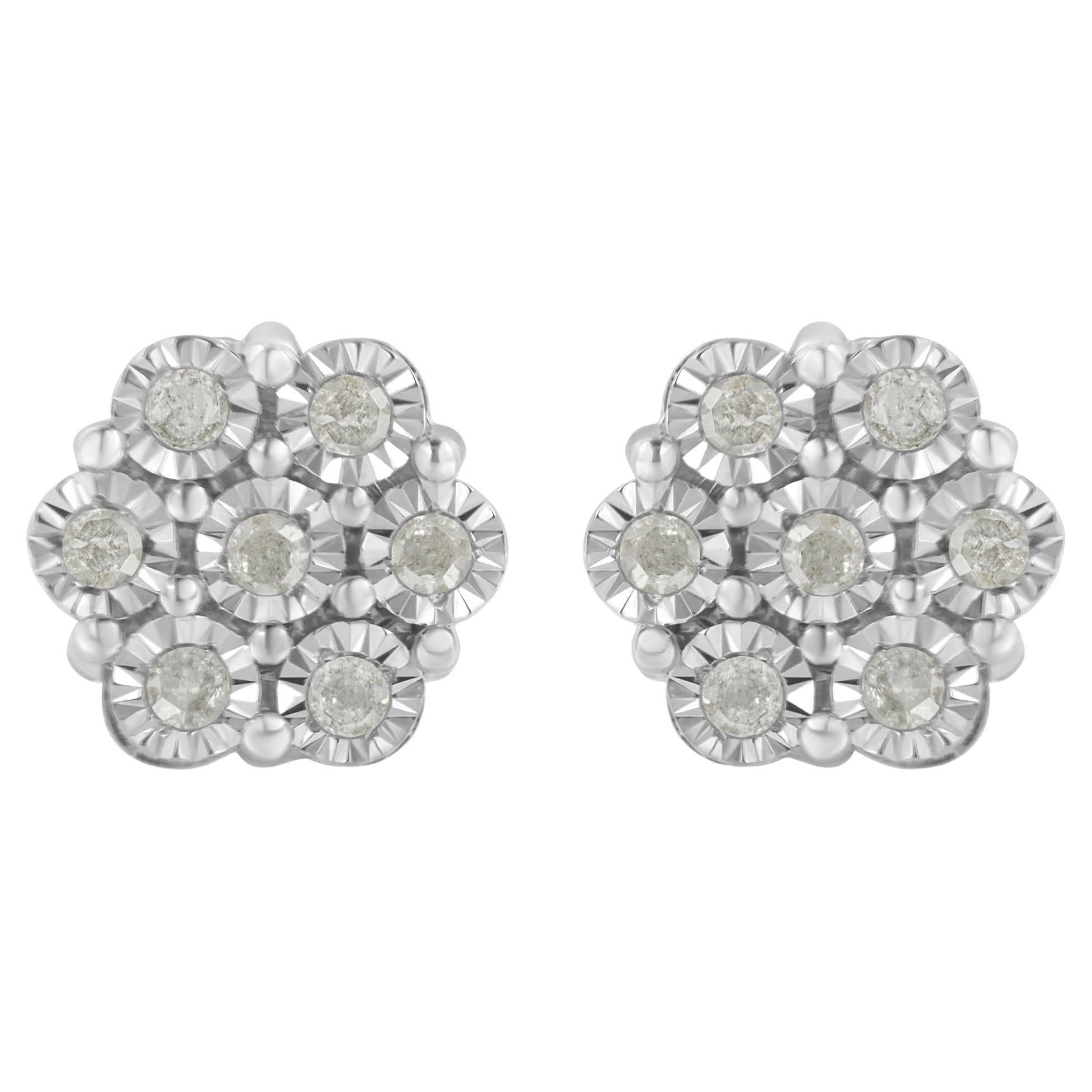 .925 Sterling Silver 1/2 Carat Rose-Cut Diamond Floral Cluster Stud Earring