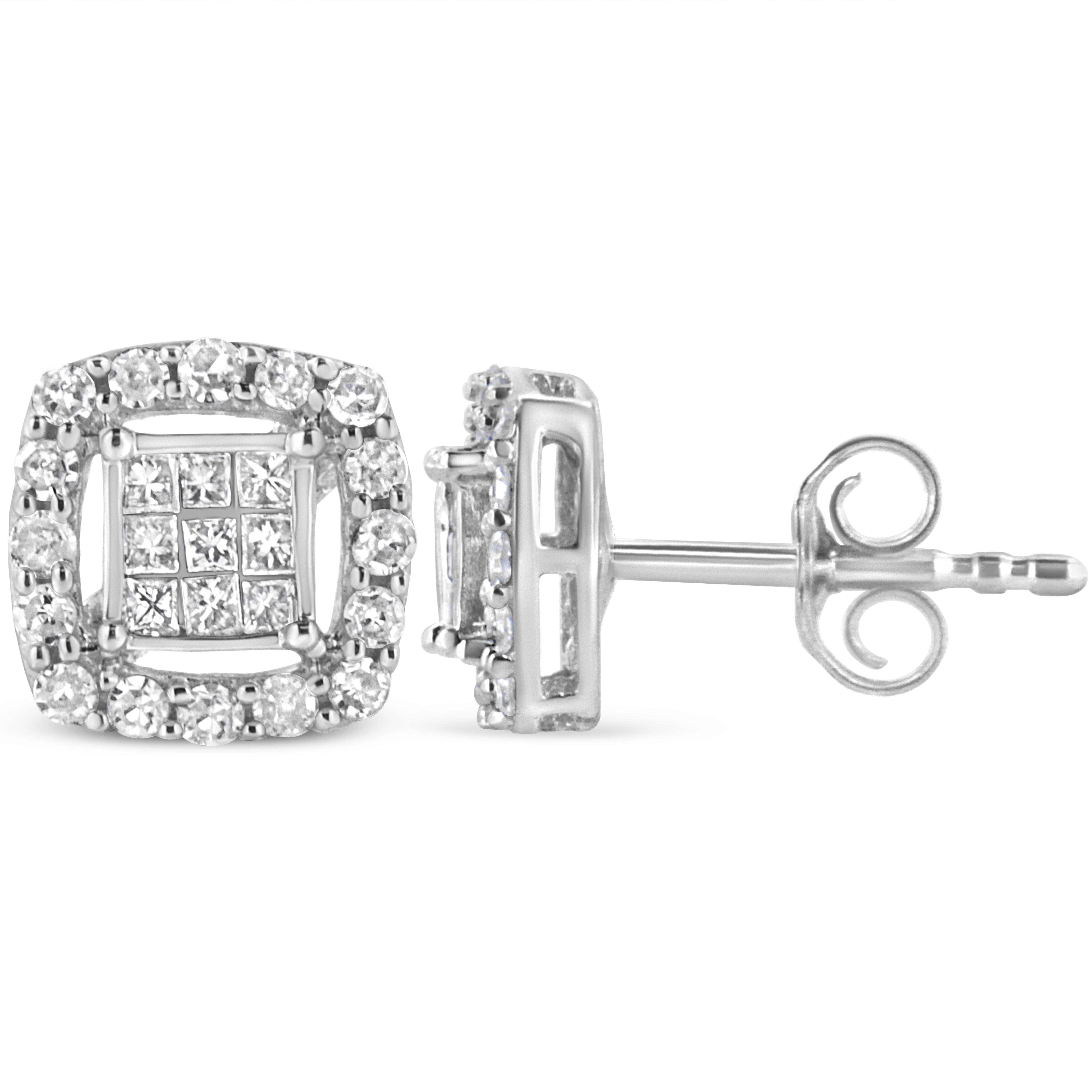 Dazzle with these glamorous stud earrings, uniquely designed with a central square motif embellished with 9 princess-cut diamonds in an elegant prong setting. The central motif is framed by a halo of round-cut diamonds, giving the whole piece a