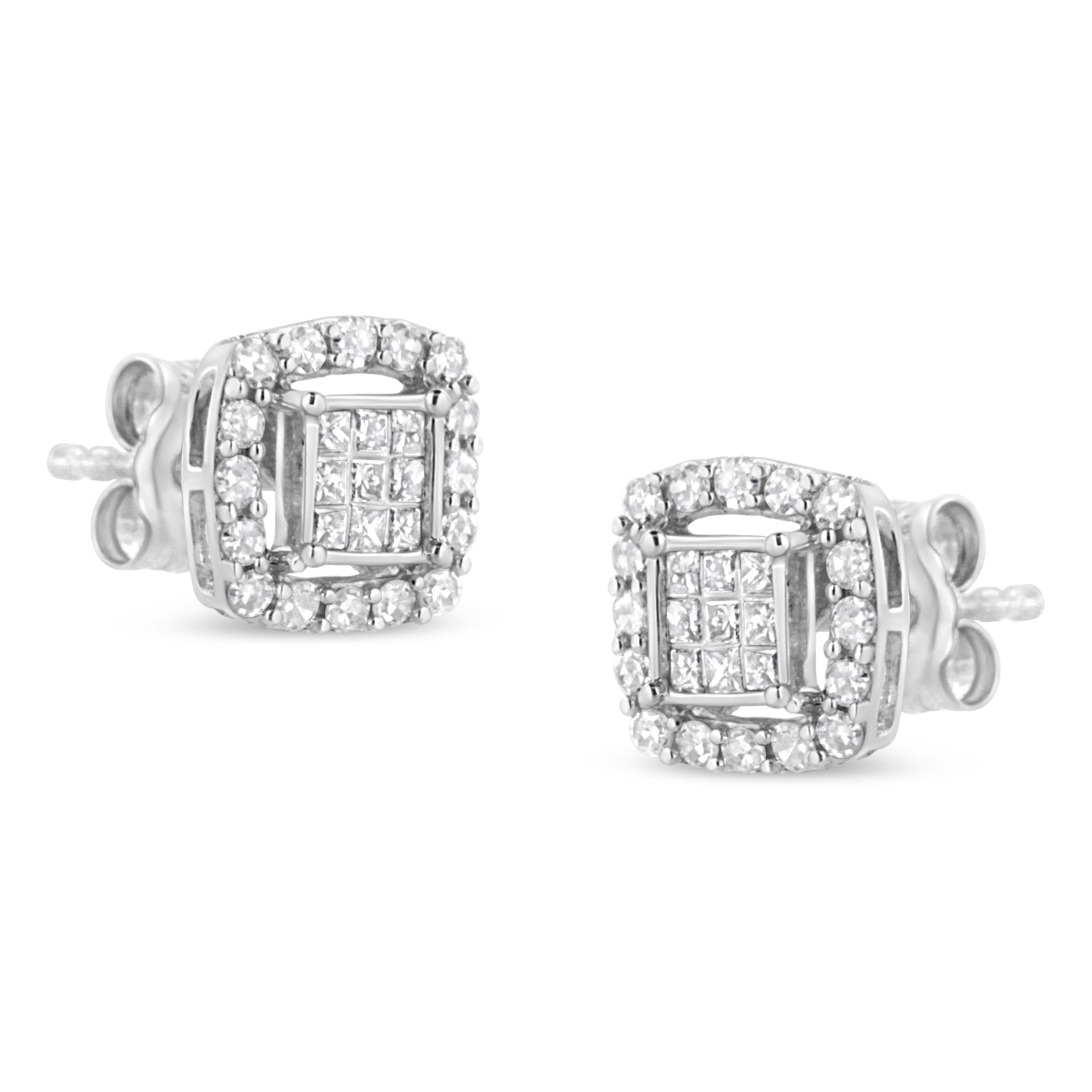 Contemporary .925 Sterling Silver 1/2 Carat Round and Princess-Cut Diamond Stud Earrings For Sale