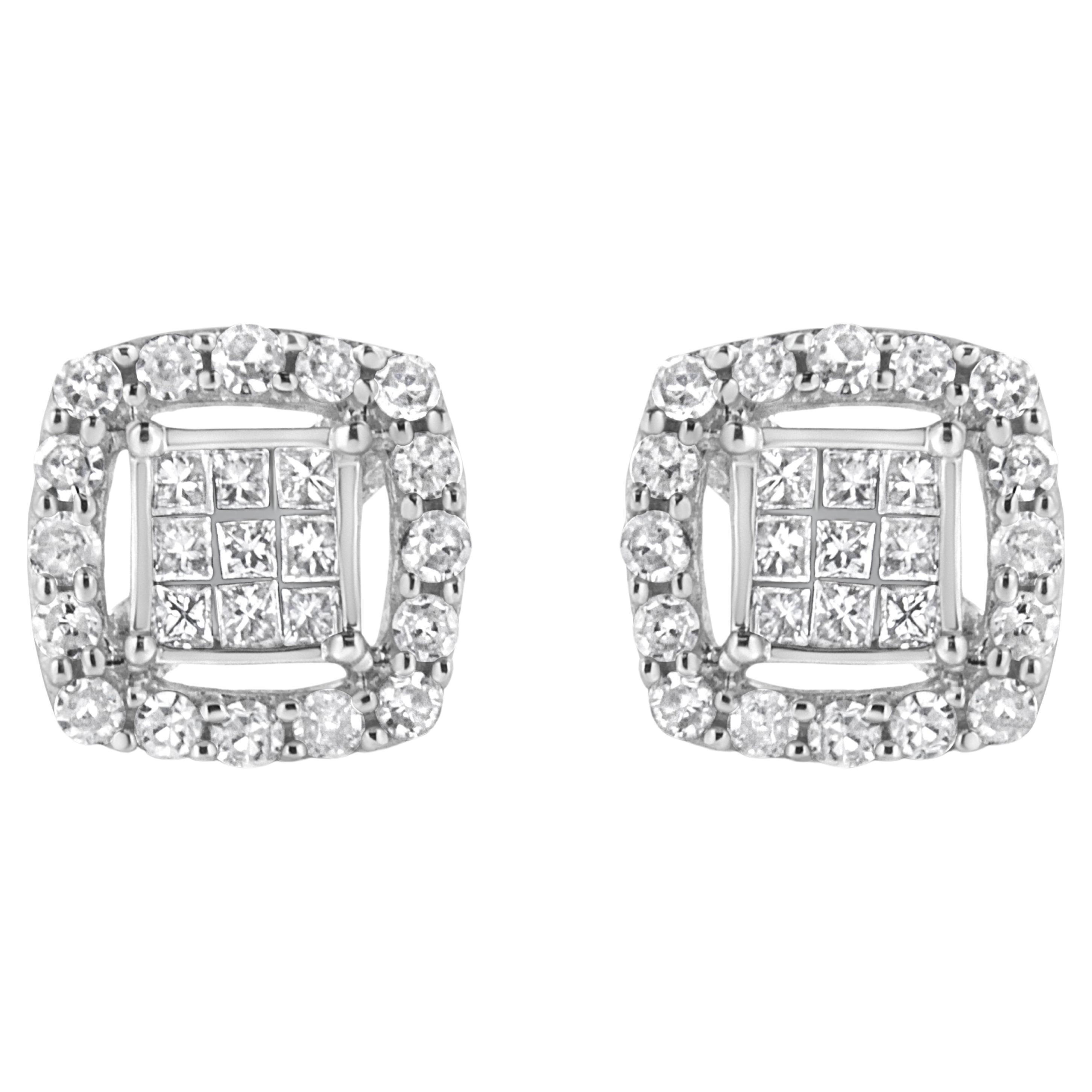 .925 Sterling Silver 1/2 Carat Round and Princess-Cut Diamond Stud Earrings For Sale
