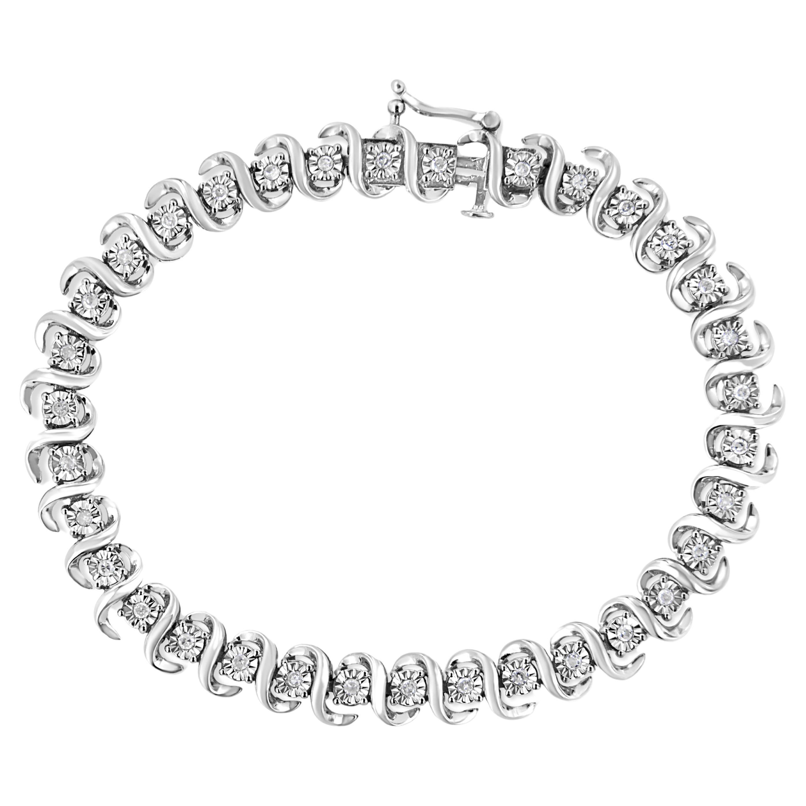 .925 Sterling Silver 1/2 Carat Round-Cut Diamond Miracle Set "S" Link Bracelet For Sale