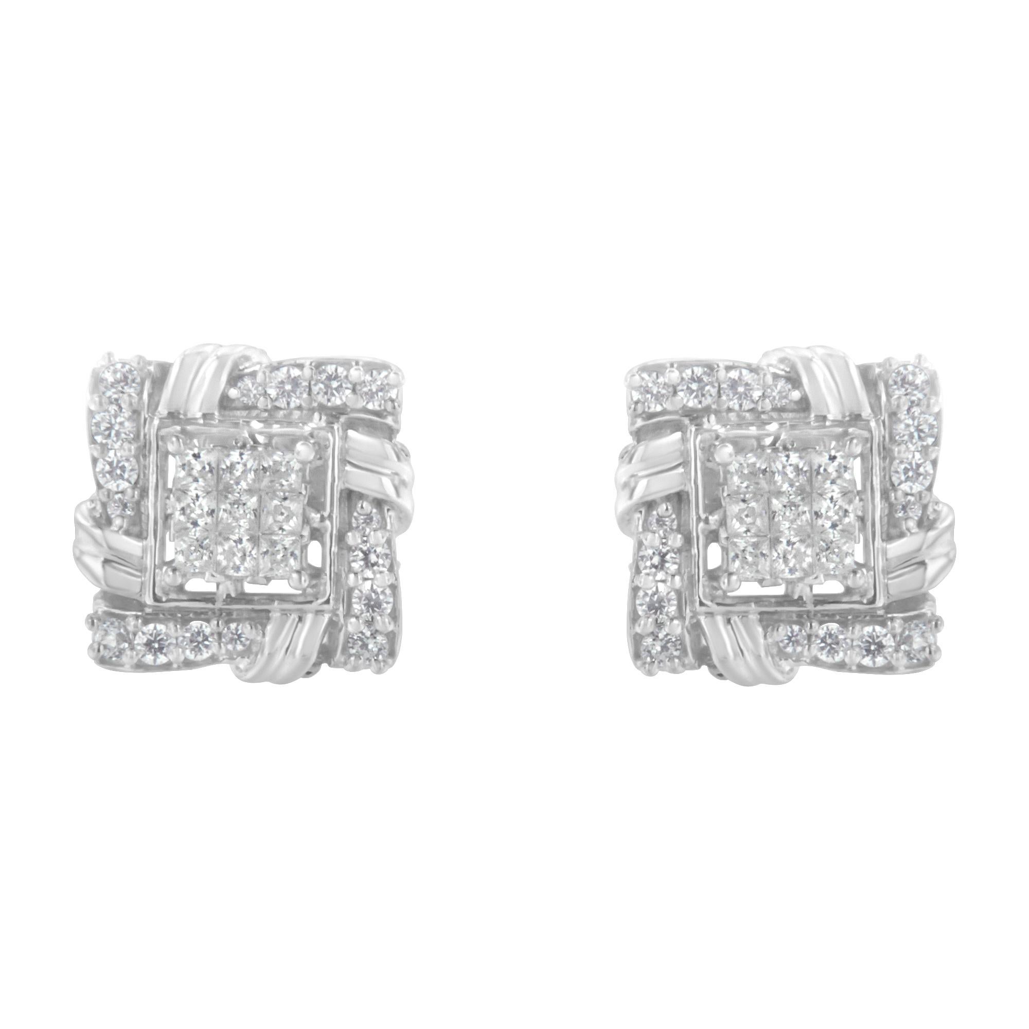Moderne Boucles d'oreilles en argent 925 avec diamants ronds de 1/2 carat en vente