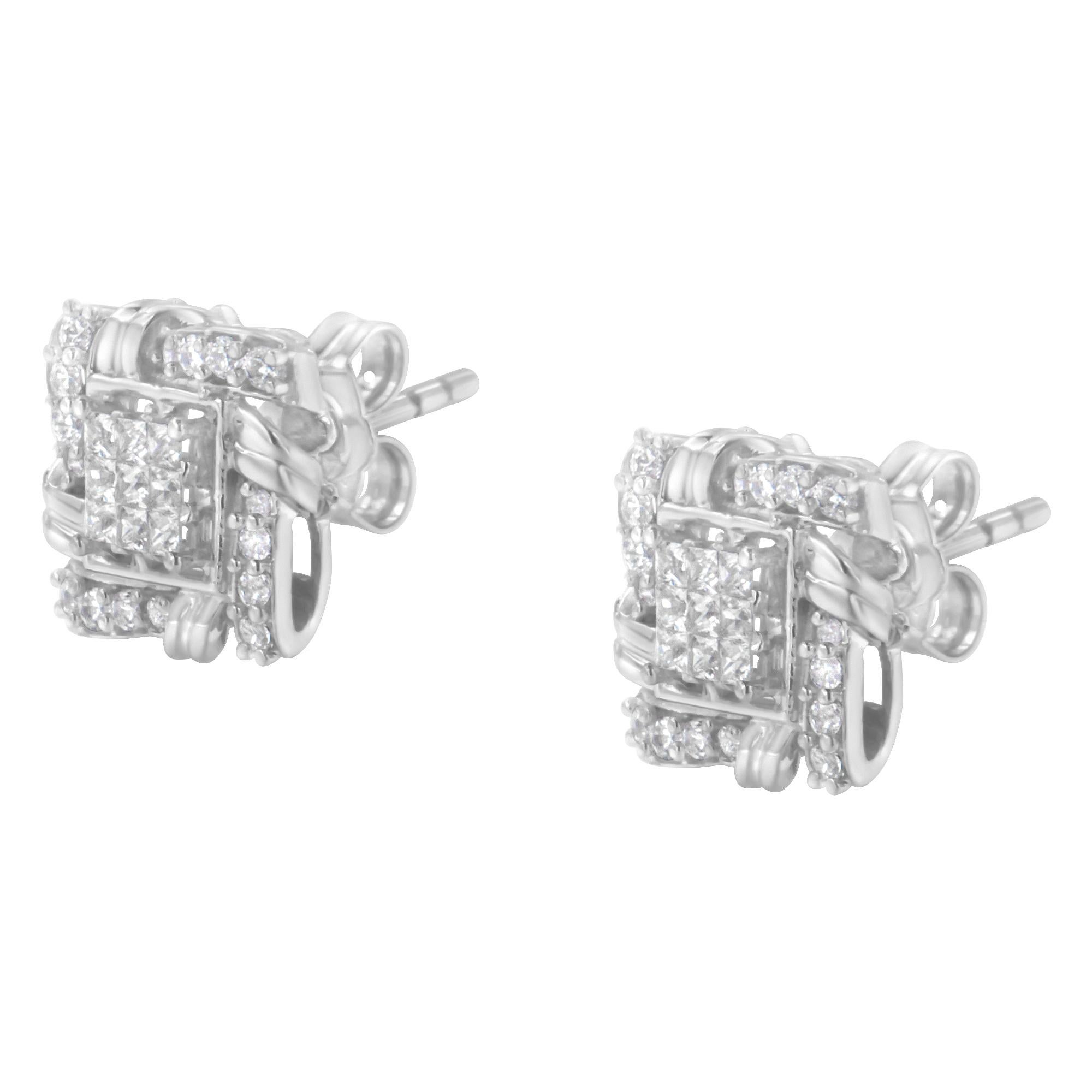 Taille ronde Boucles d'oreilles en argent 925 avec diamants ronds de 1/2 carat en vente