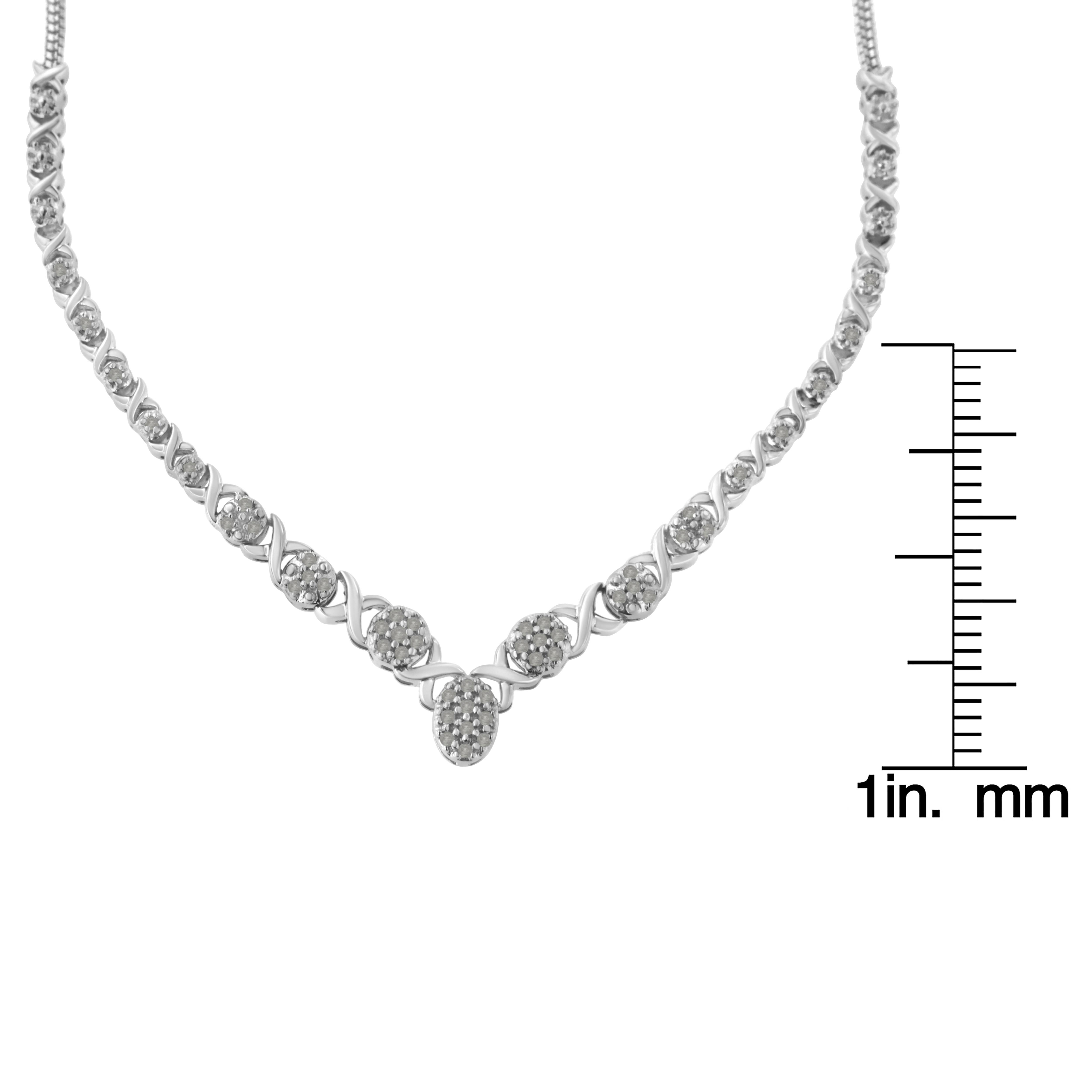 .925 Sterling Silver 1/2 Carat Round Diamond Graduated Cluster Station Necklace In New Condition In New York, NY