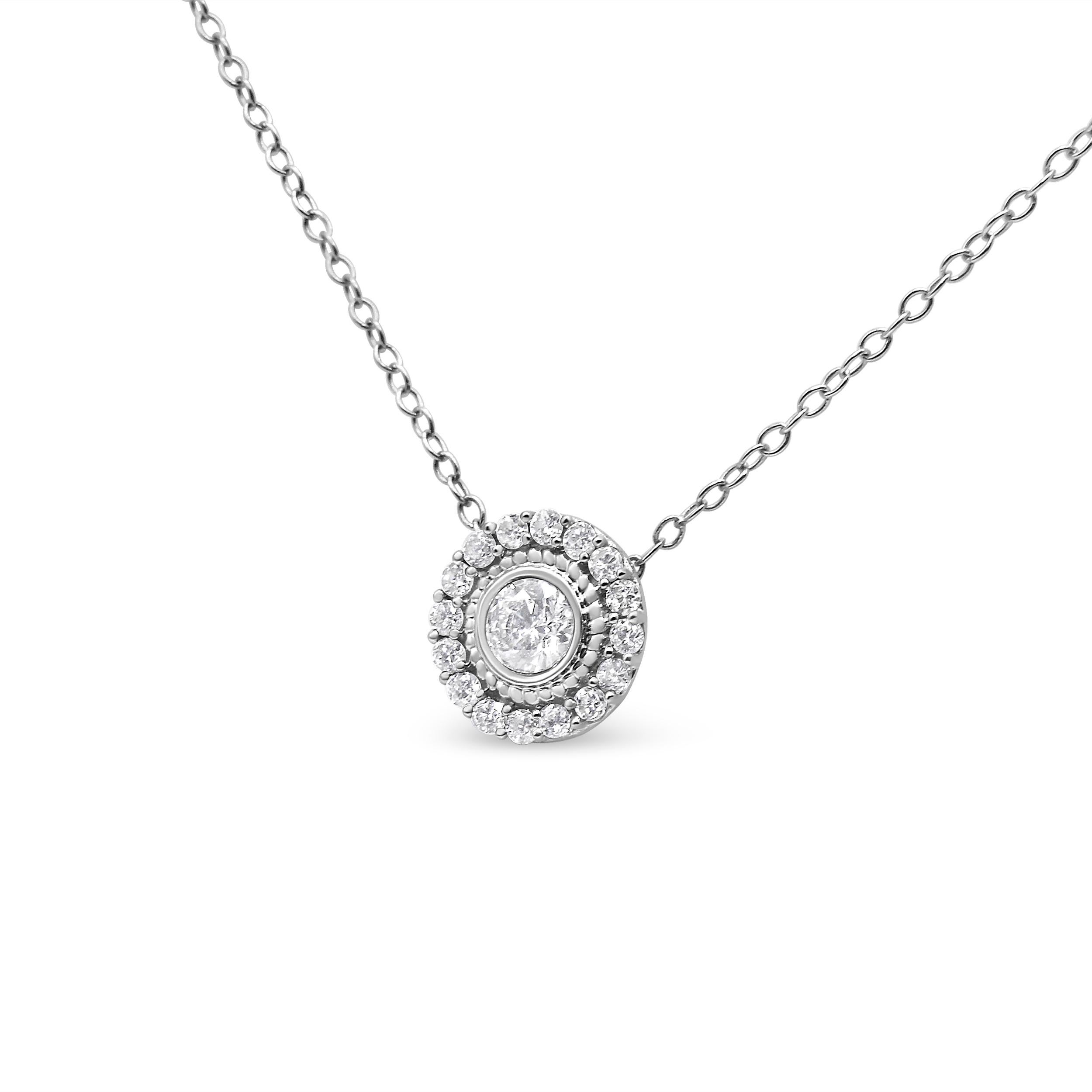 Contemporary .925 Sterling Silver 1/2 Carat Round Diamond Halo Circle Pendant Necklace For Sale