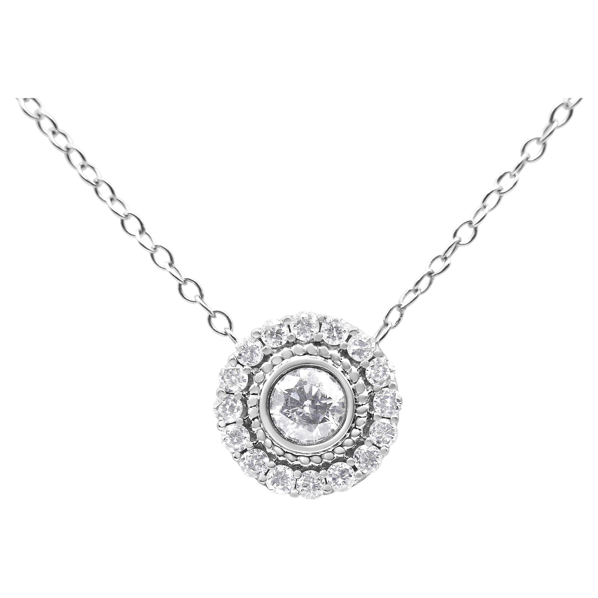 .925 Sterling Silver 1/2 Carat Round Diamond Halo Circle Pendant Necklace For Sale