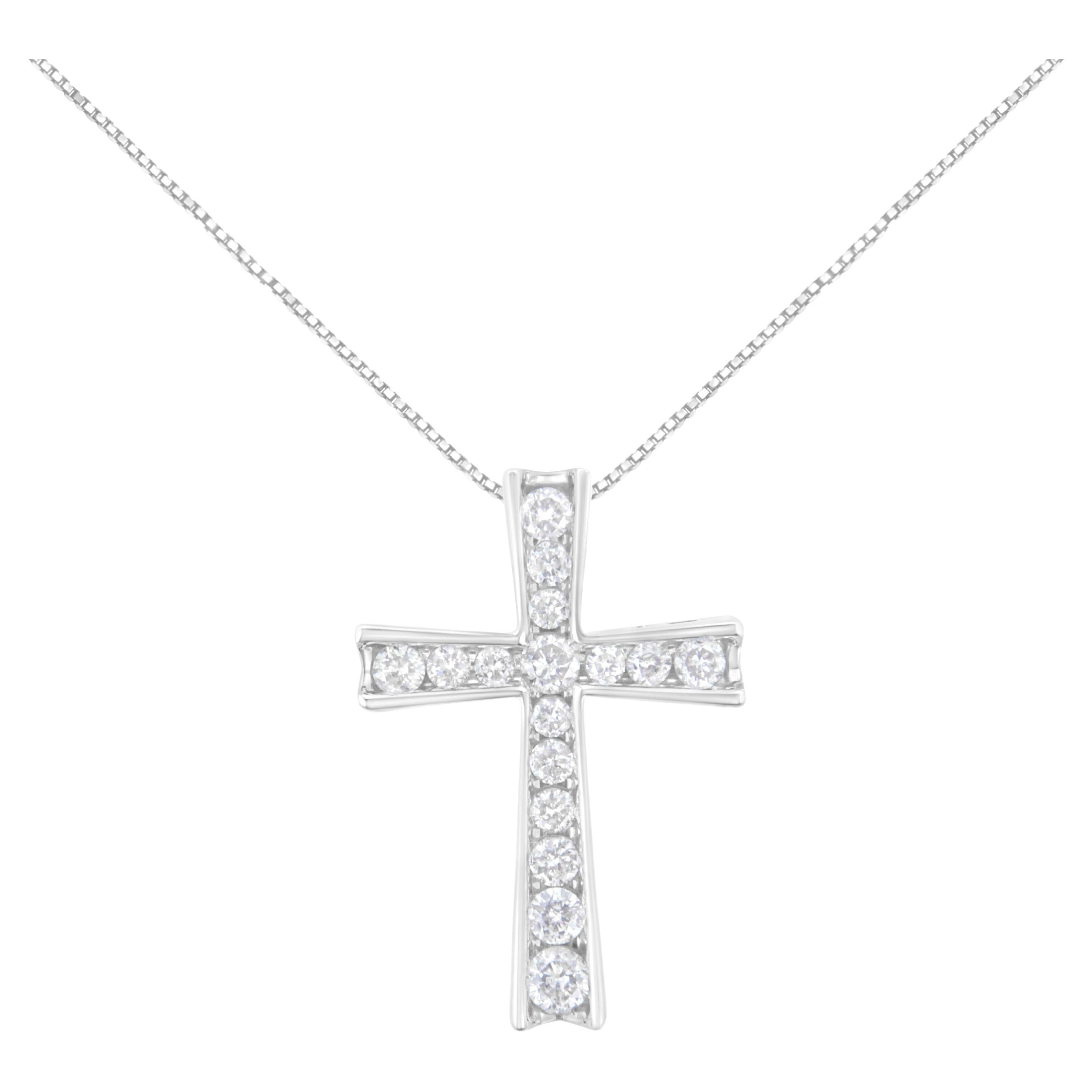 .925 Sterling Silver 1/2 Carat Round Diamond Inlay Style Cross Pendant Necklace