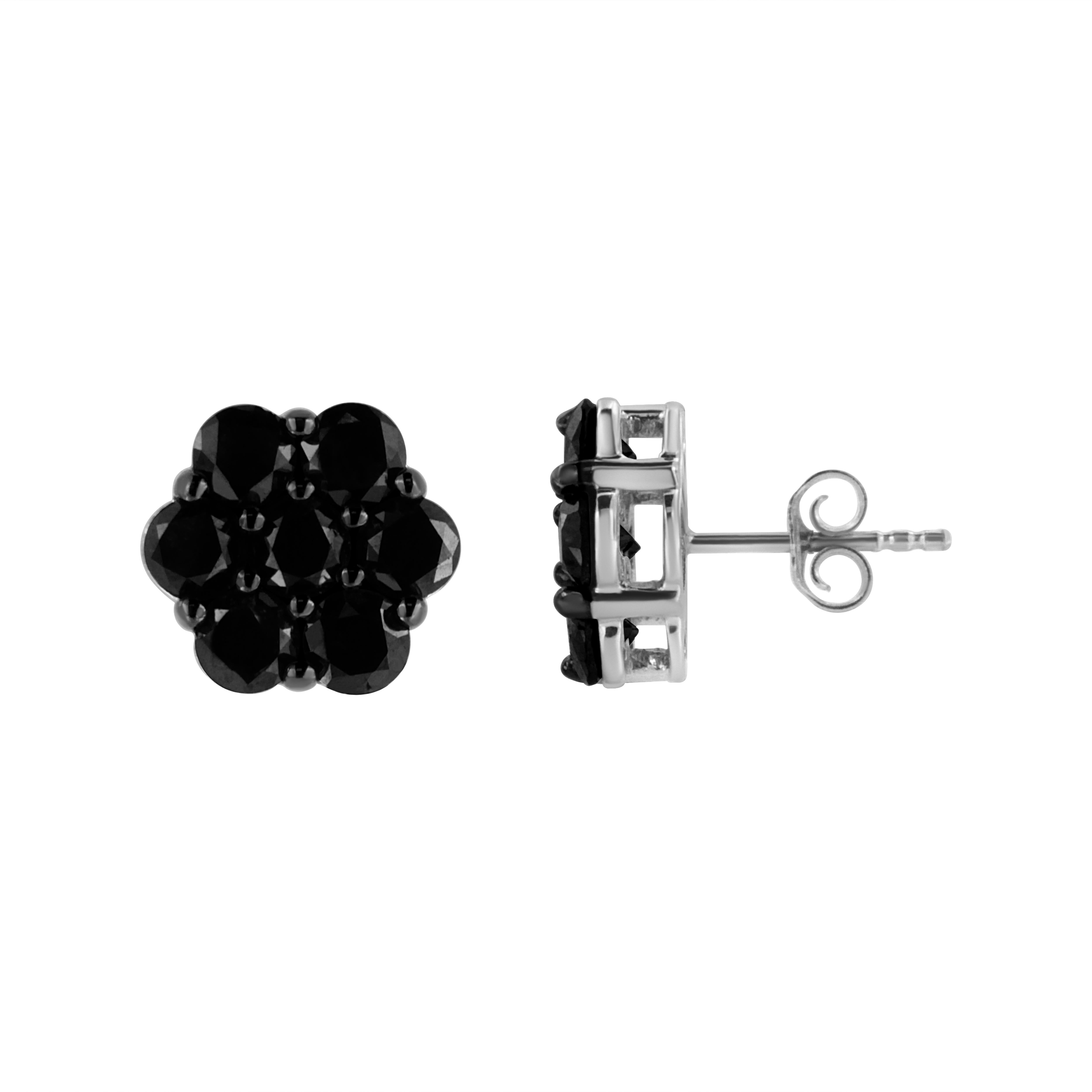 You will fall in love with these classic cluster stud earrings. A must have for any serious jewelry collection, these .925 sterling earrings boast an impressive 1/2 carat total weight of treated black	 diamonds with seven stones each. The earrings