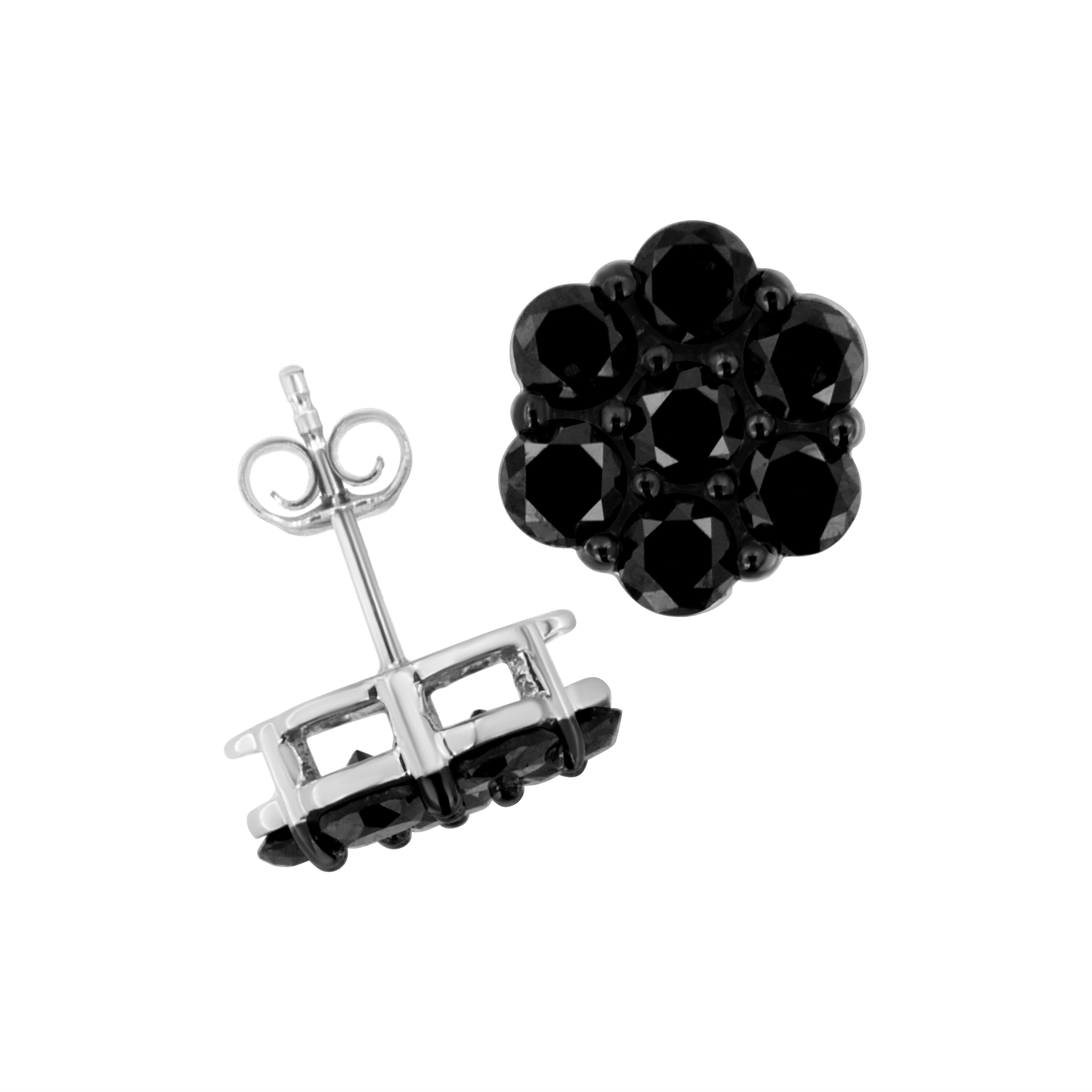 Round Cut .925 Sterling Silver 1/2 Carat Treated Black Diamond Floral Cluster Stud Earring For Sale