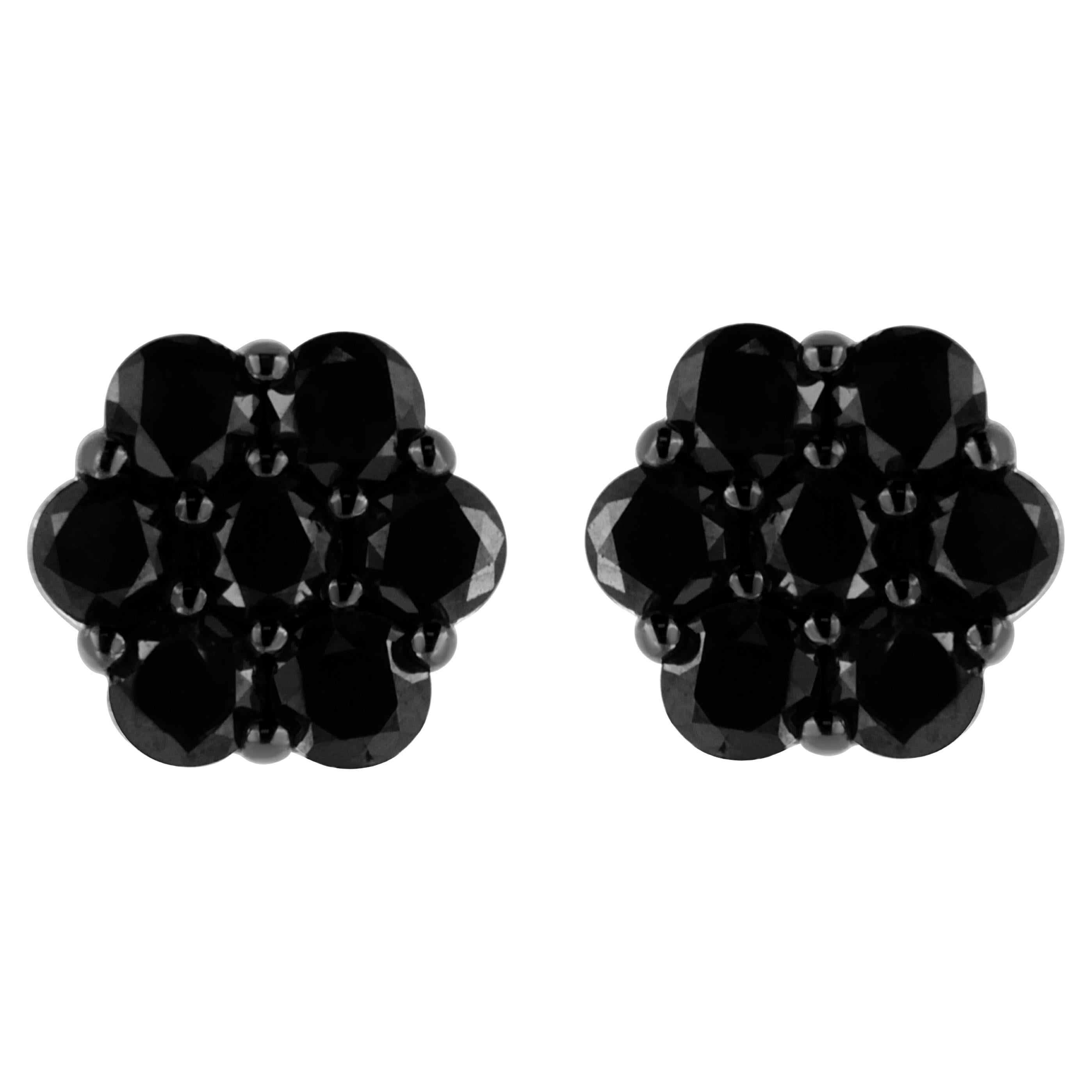 .925 Sterling Silver 1/2 Carat Treated Black Diamond Floral Cluster Stud Earring For Sale