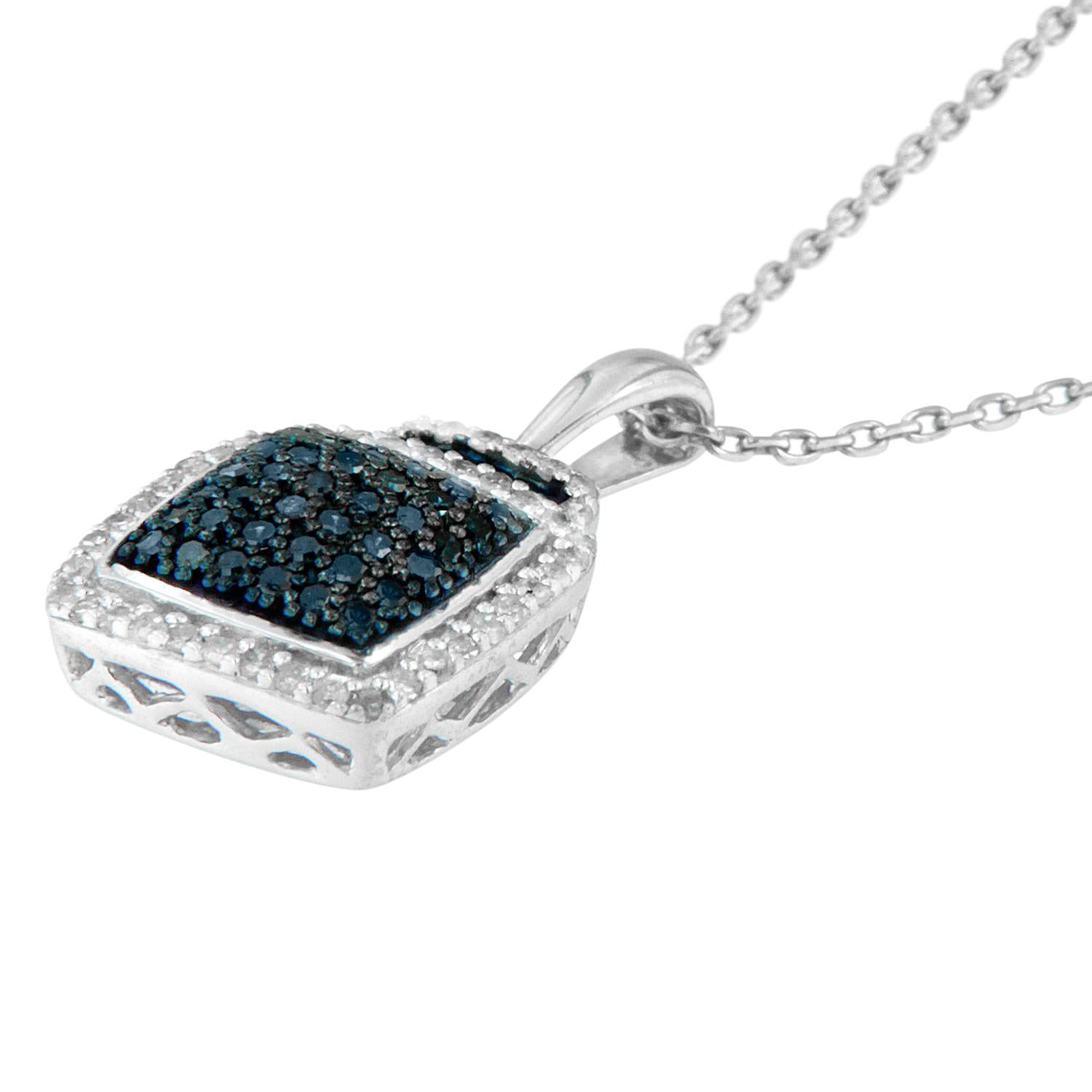 Contemporary .925 Sterling Silver 1/2 Carat Treated Blue Diamond Block Pendant Necklace For Sale