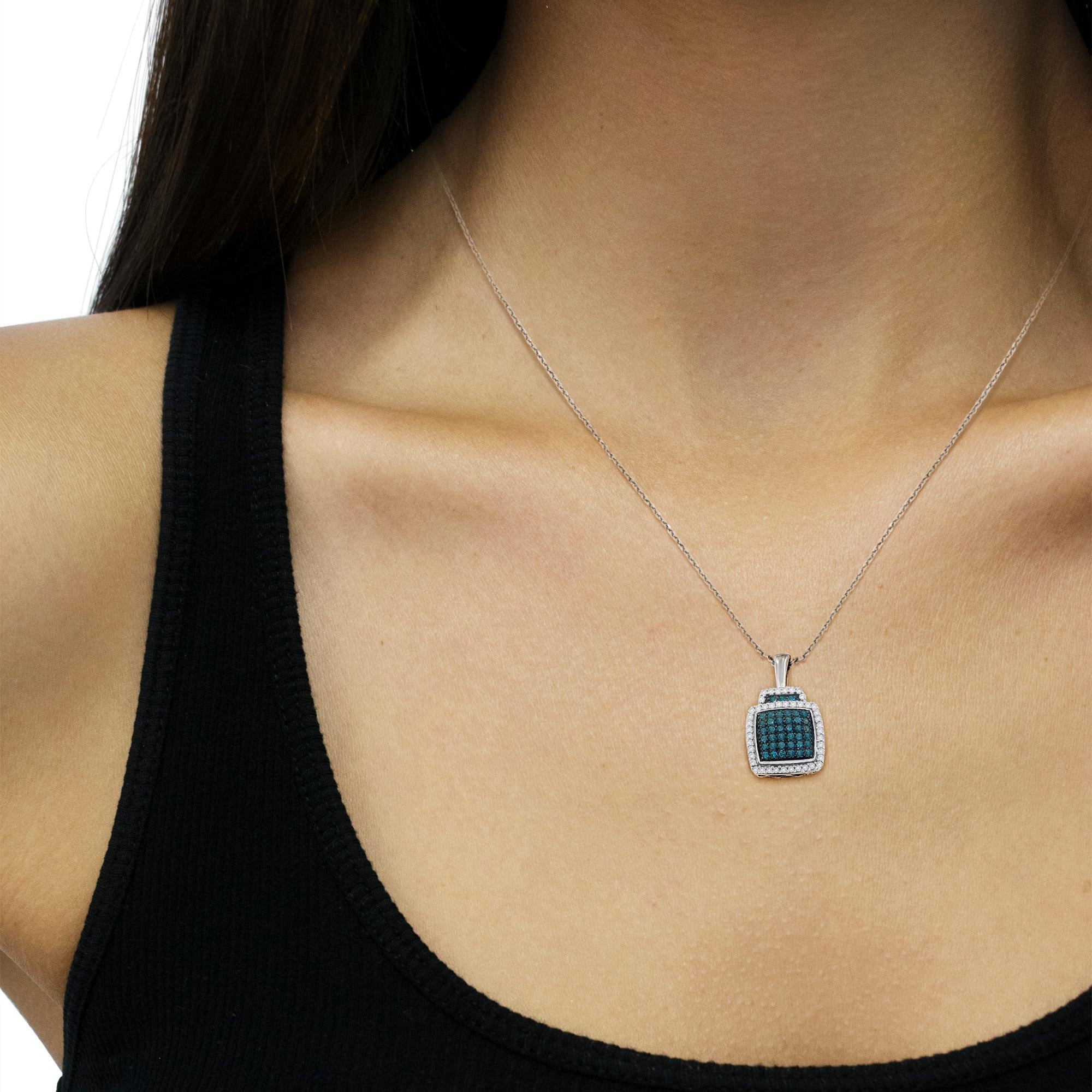 Round Cut .925 Sterling Silver 1/2 Carat Treated Blue Diamond Block Pendant Necklace For Sale