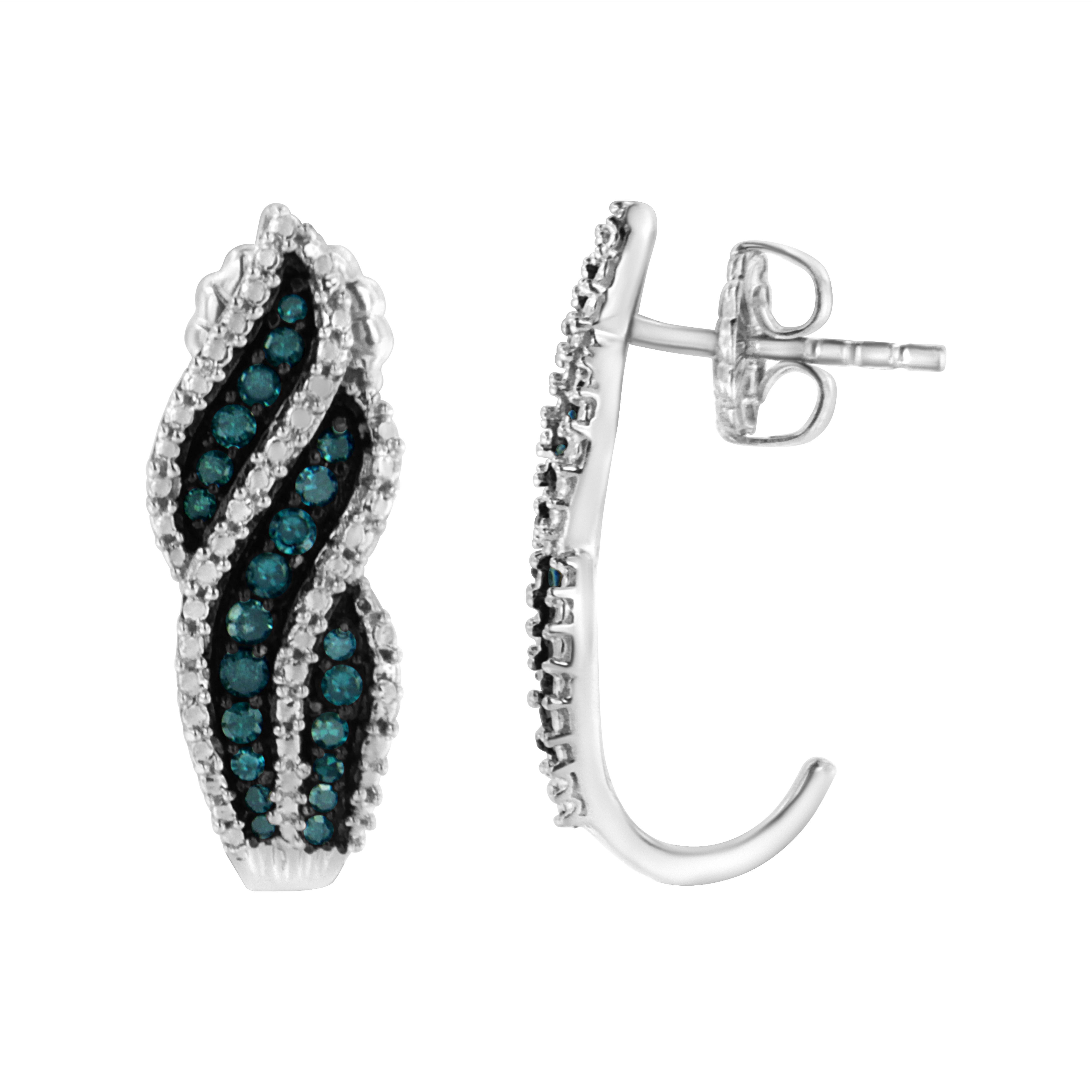 Dazzle all with these stunningly designed sterling silver diamond earrings. This gorgeous pair of dangling stud earrings is embellished with .50 carats of round-cut, treated blue diamonds in a prong setting. Each earring comes with a push back