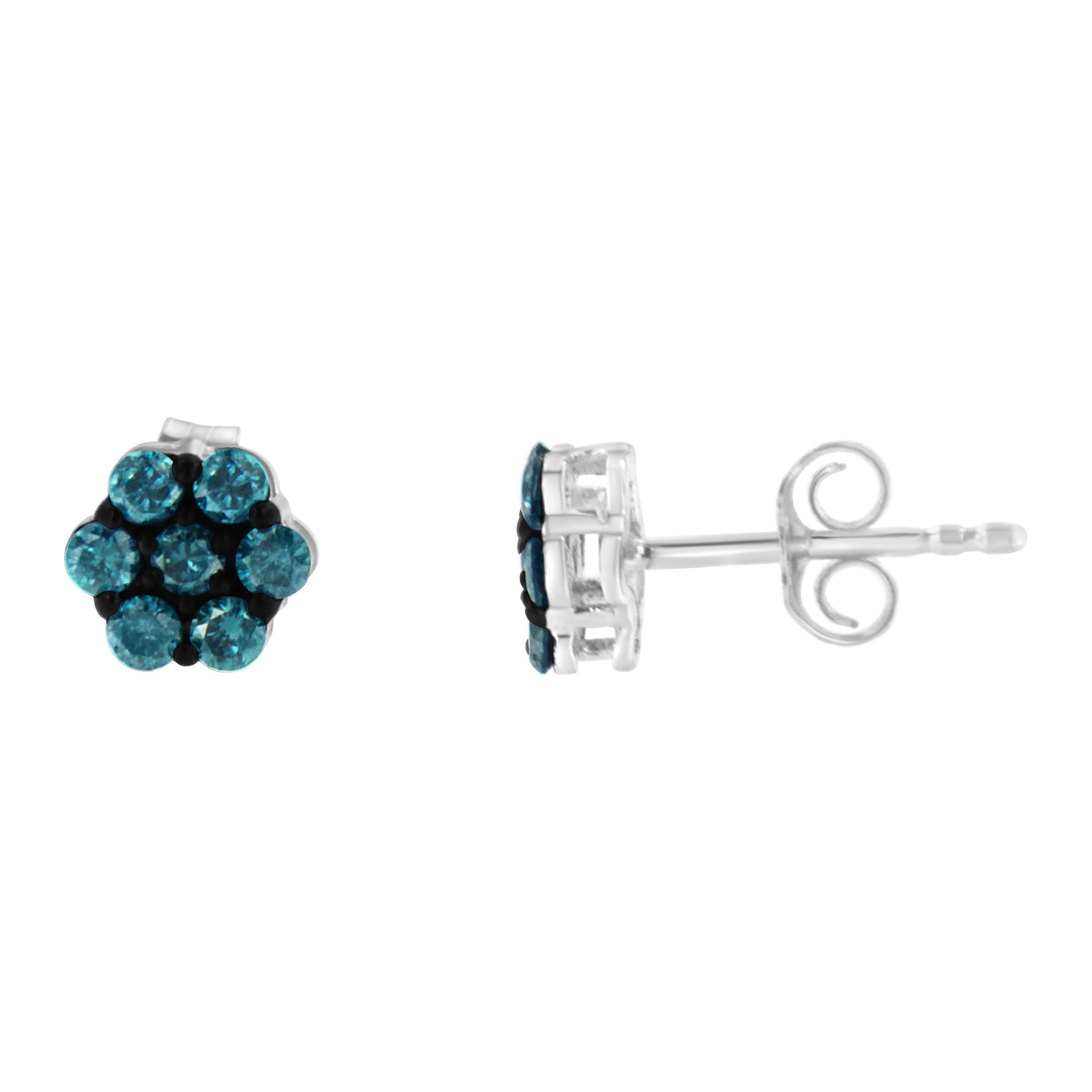 Inspired by nature, these floral diamond earrings feature the adornment of 0.5 carats black and treated blue rose cut diamonds. The earrings are composed of alluring sterling silver that is highly polished to shine. Wearing of this pair of earrings