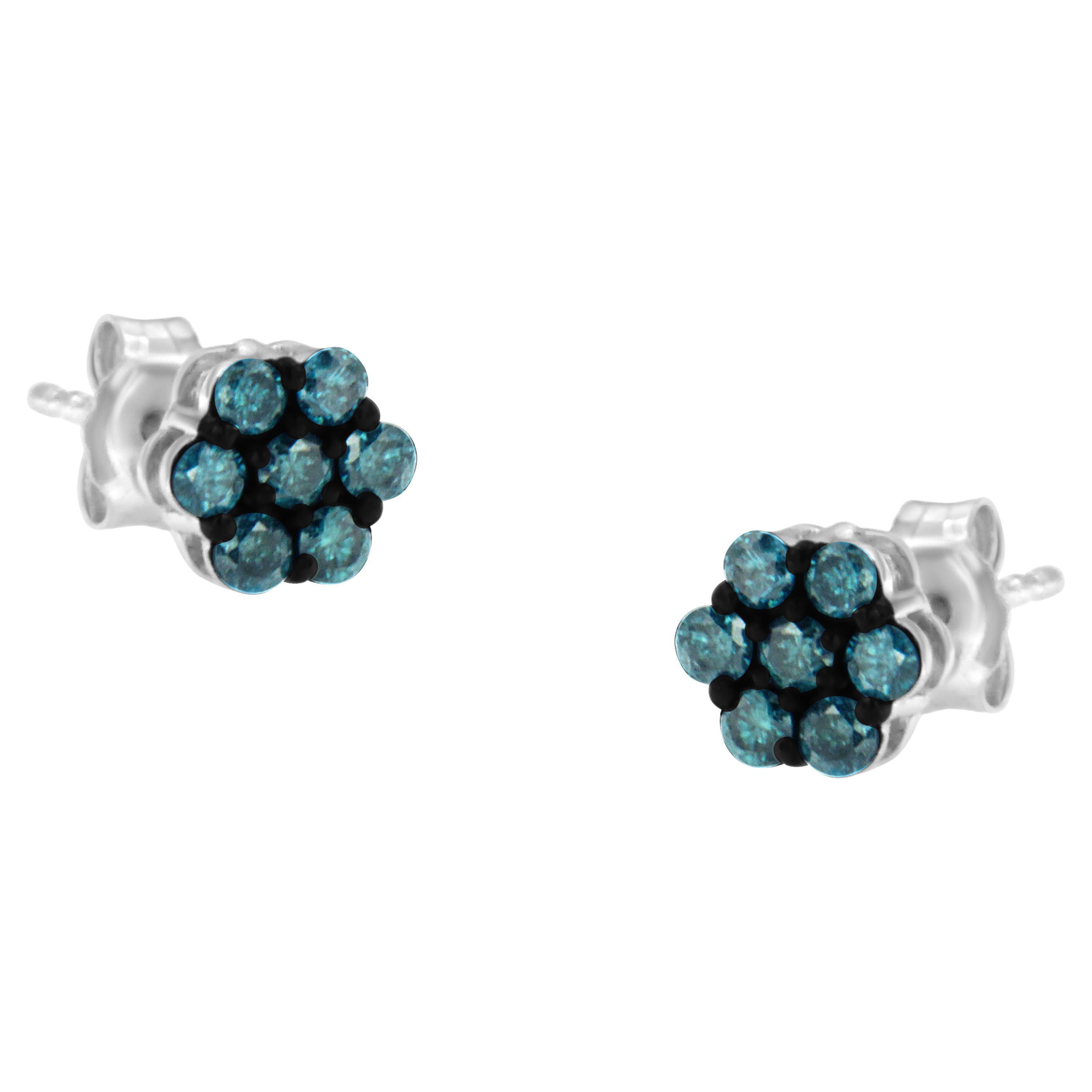 .925 Sterling Silver 1/2 Carat Treated Blue Diamond Floral Stud Earrings For Sale