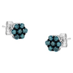 .925 Sterling Silver 1/2 Carat Treated Blue Diamond Floral Stud Earrings