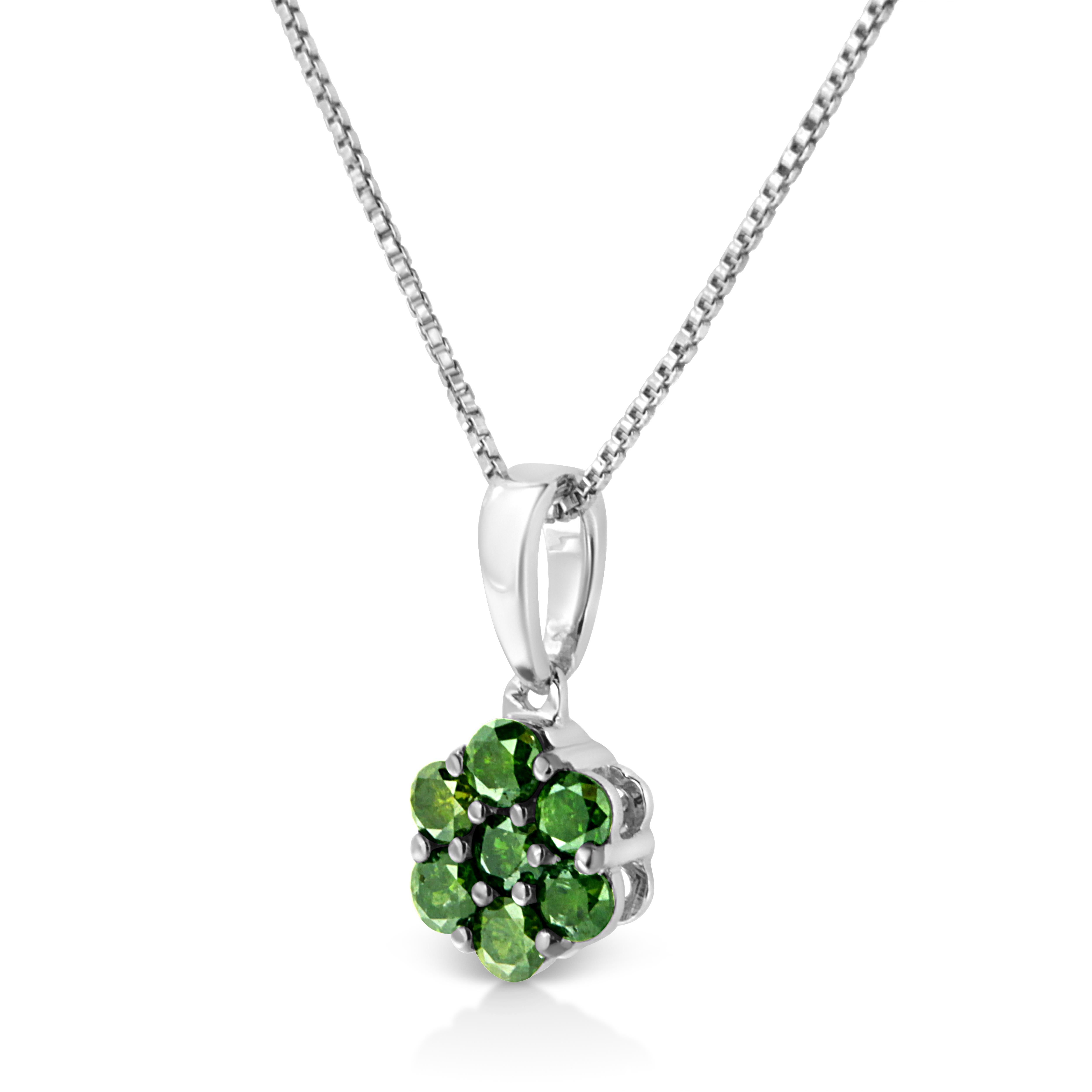 Contemporary .925 Sterling Silver 1/2 Carat Treated Green Diamond Cluster Pendant Necklace For Sale