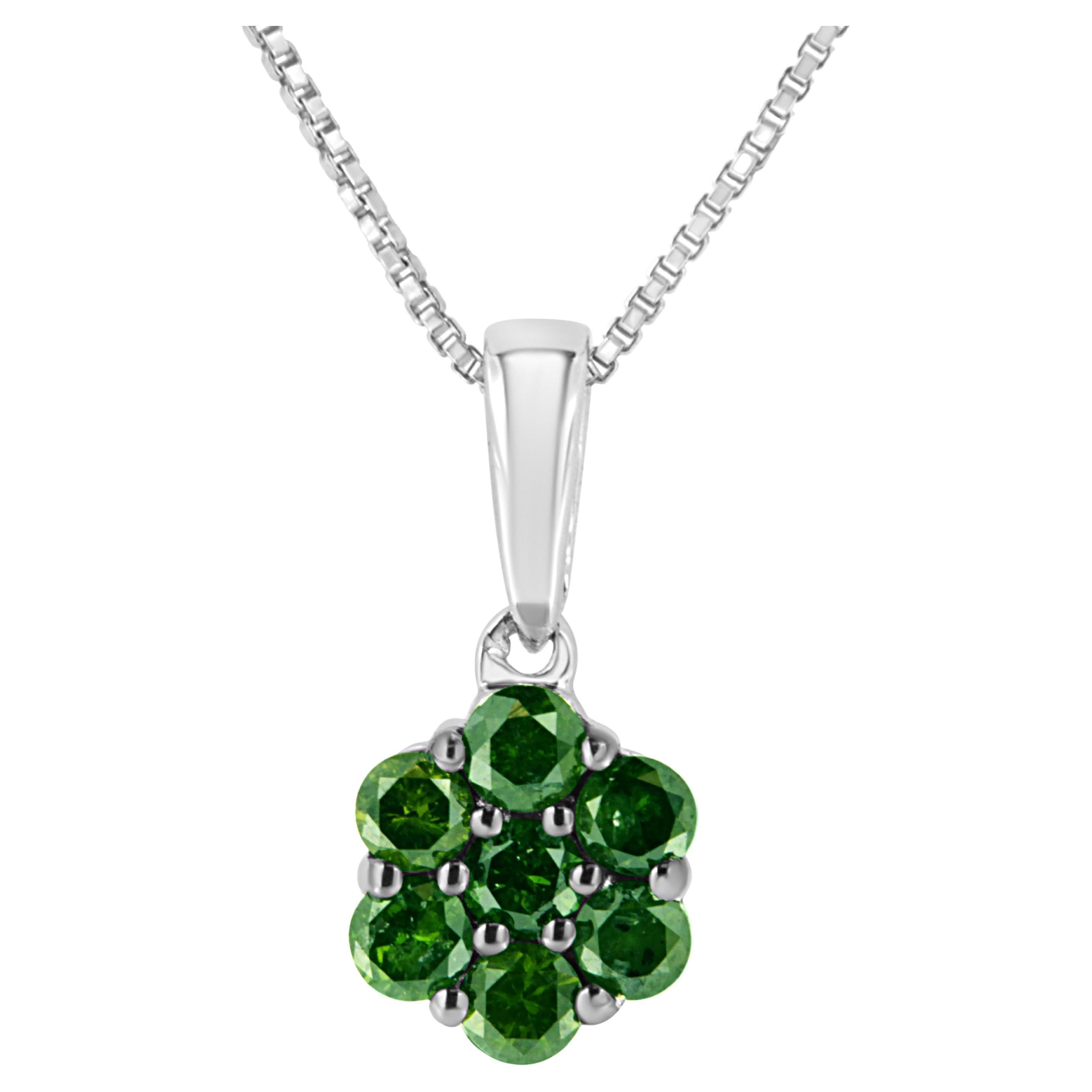 .925 Sterling Silver 1/2 Carat Treated Green Diamond Cluster Pendant Necklace For Sale