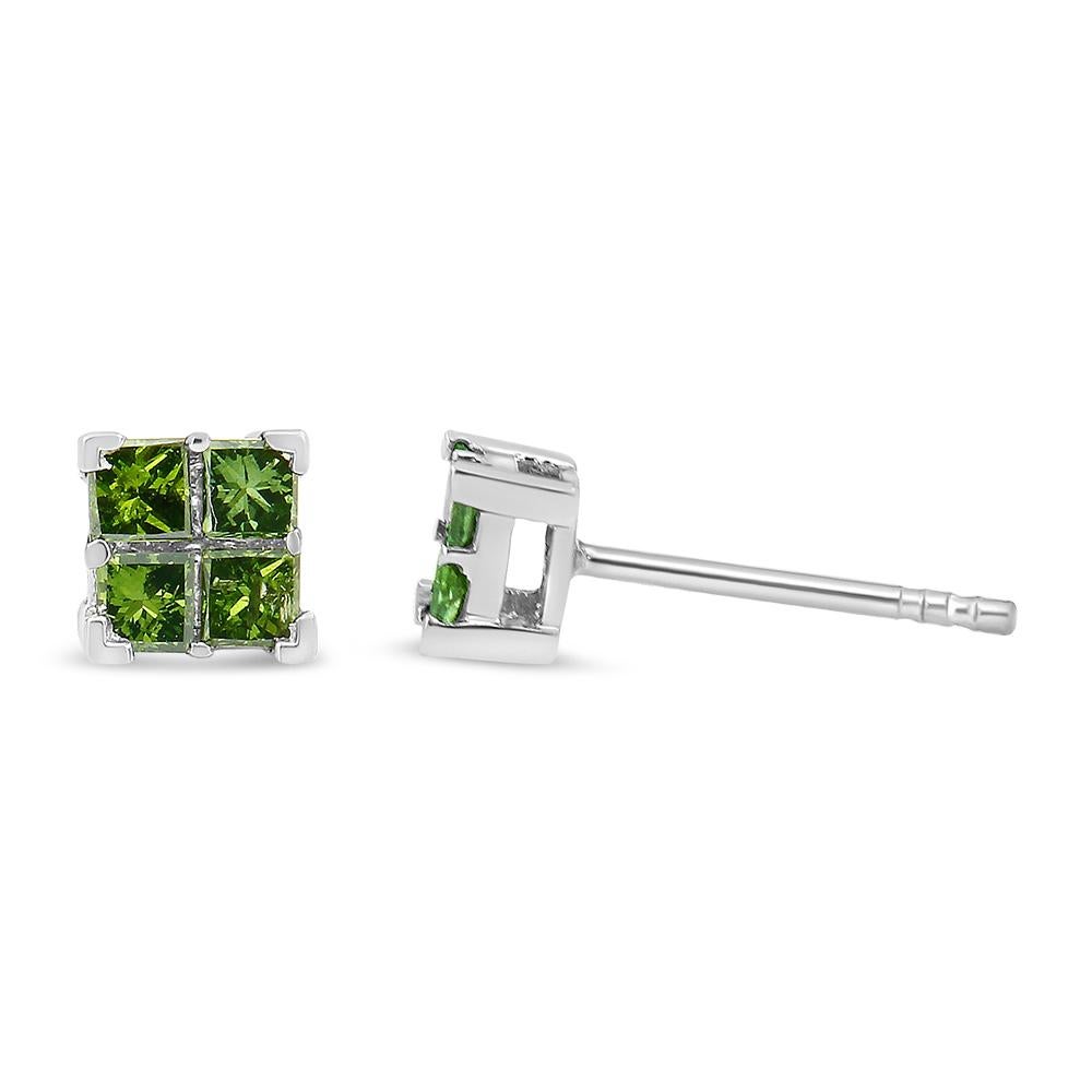 Princess Cut .925 Sterling Silver 1/2 Carat Treated Green Diamond Composite Quad Stud Earring For Sale
