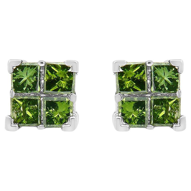 Pendiente cuádruple de plata de ley .925 y 1/2 quilate de diamante verde compuesto tratado