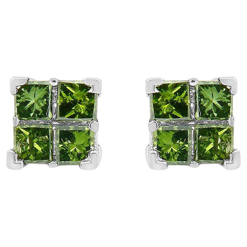 .925 Sterling Silver 1/2 Carat Treated Green Diamond Composite Quad Stud Earring For Sale