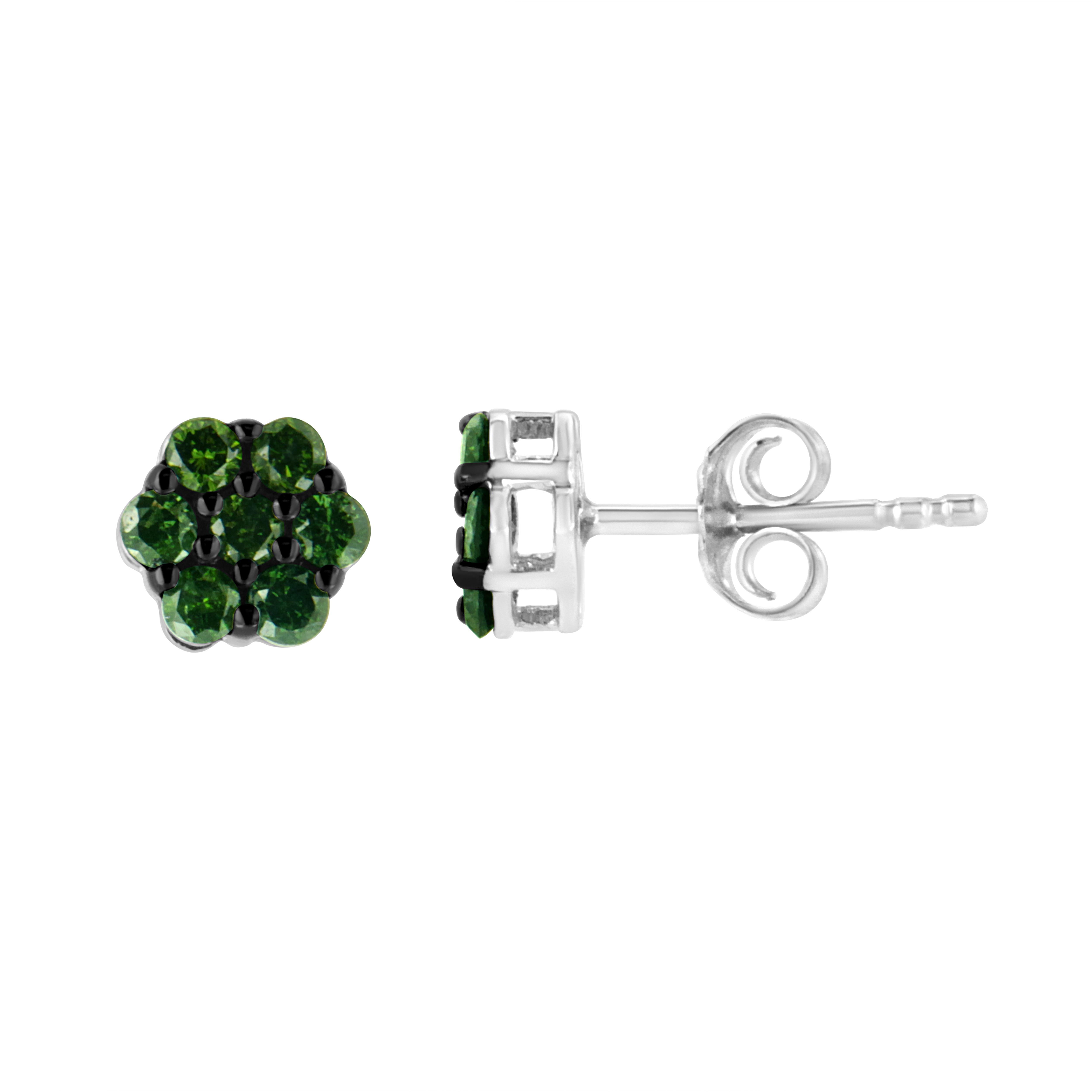 You will fall in love with these classic cluster stud earrings. A must have for any serious jewelry collection, these .925 sterling earrings boast an impressive 1/2 carat total weight of treated green diamonds with seven stones each. The earrings