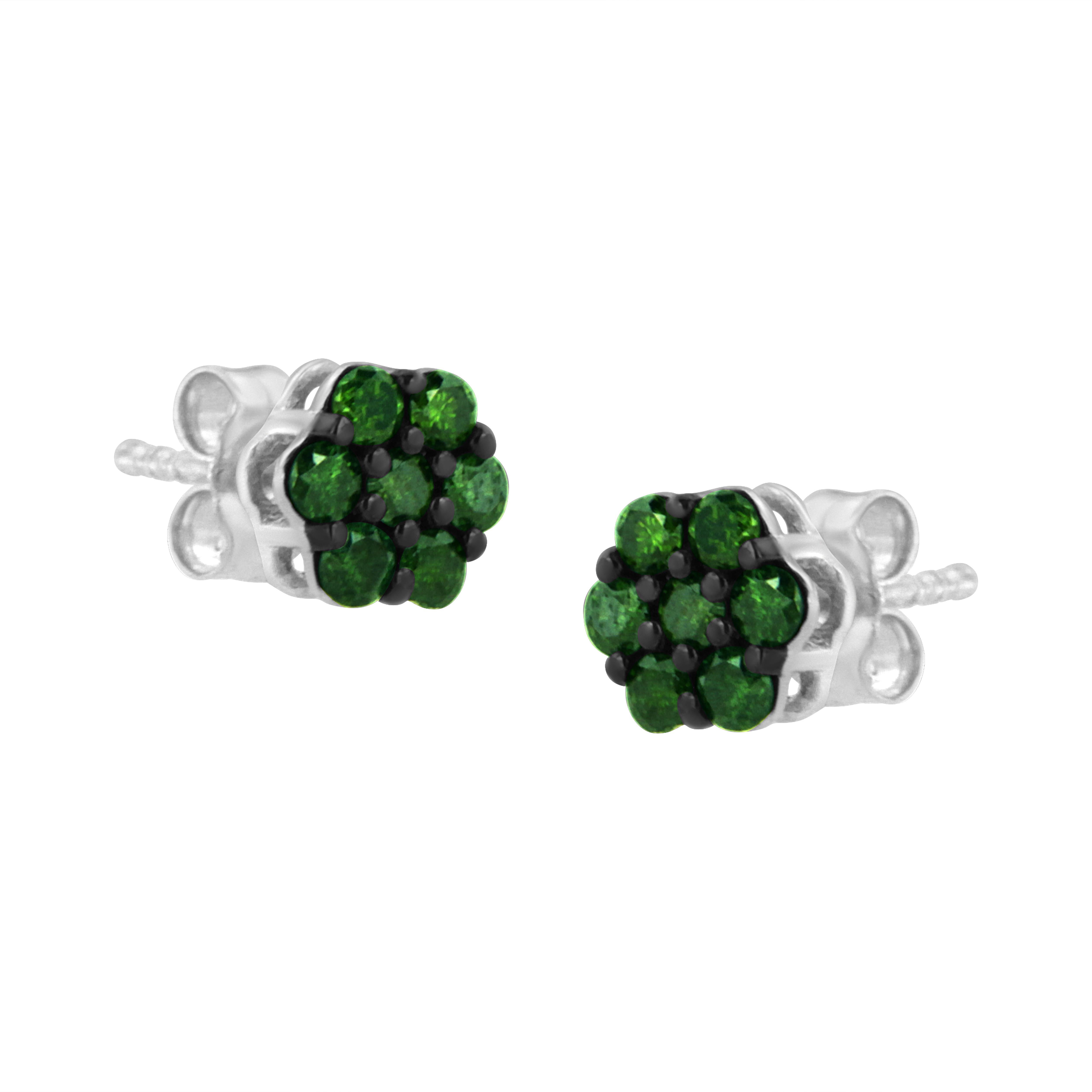 Contemporary .925 Sterling Silver 1/2 Carat Treated Green Diamond Floral Cluster Stud Earring For Sale