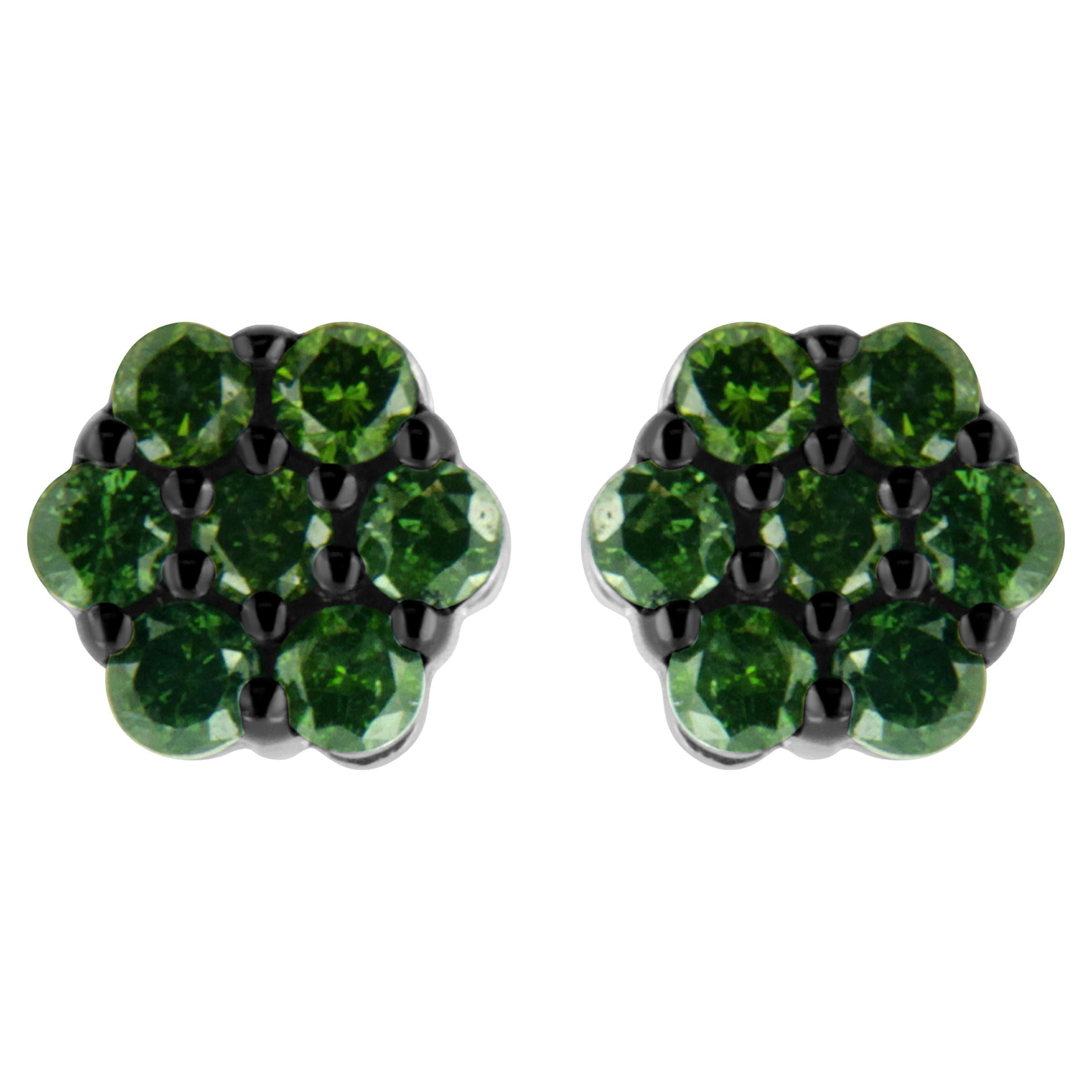 .925 Sterling Silver 1/2 Carat Treated Green Diamond Floral Cluster Stud Earring