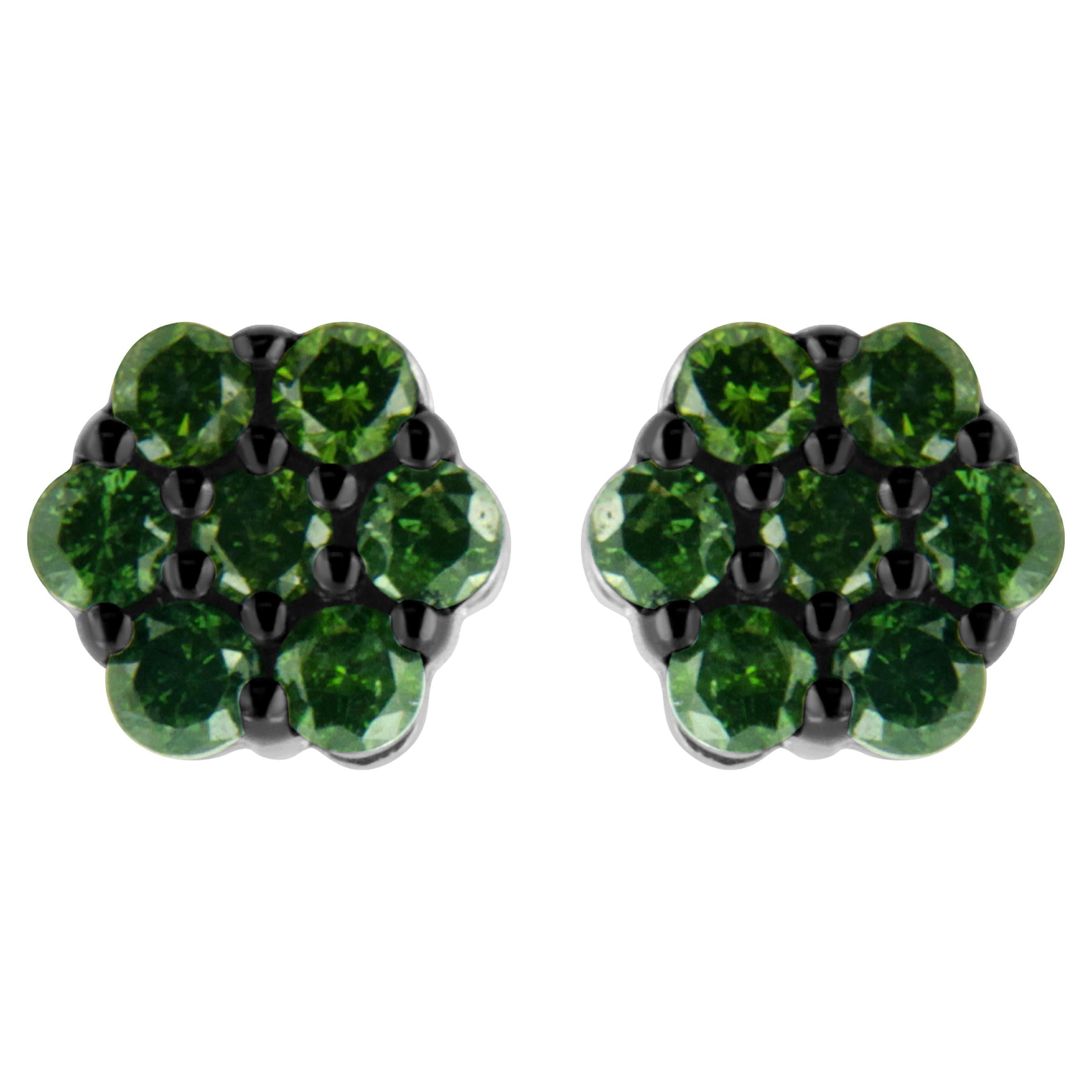 .925 Sterling Silver 1/2 Carat Treated Green Diamond Floral Cluster Stud Earring For Sale