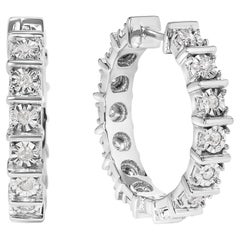 .925 Sterling Silver 1/2 Cttw Diamond Bar and Plate Eternity Hoop Earrings